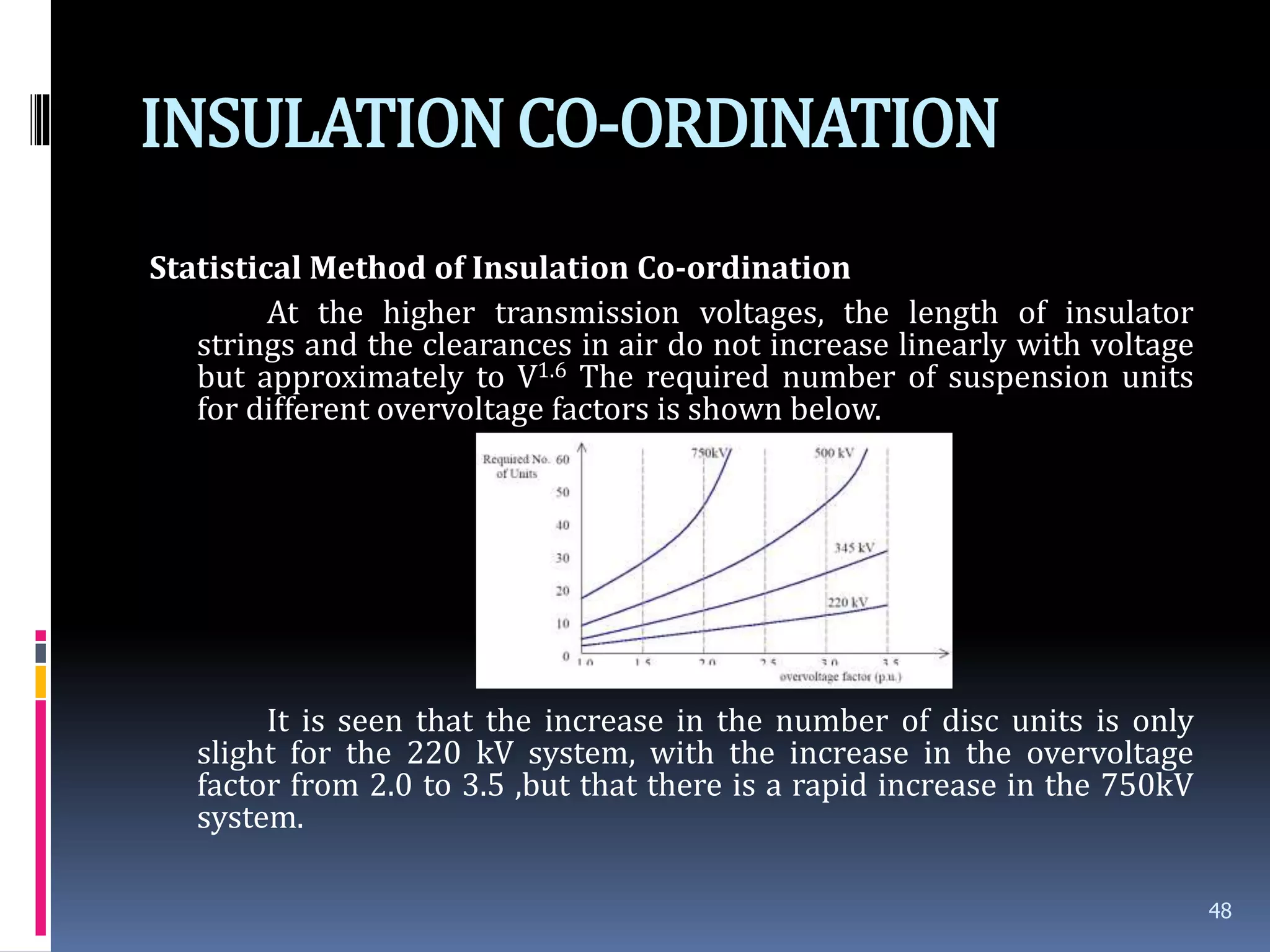 INSULATIONCO-ORDINATION
Statistical Method of Insulation Co-ordination
At the higher transmission voltages, the length of insulator
strings and the clearances in air do not increase linearly with voltage
but approximately to V1.6 The required number of suspension units
for different overvoltage factors is shown below.
It is seen that the increase in the number of disc units is only
slight for the 220 kV system, with the increase in the overvoltage
factor from 2.0 to 3.5 ,but that there is a rapid increase in the 750kV
system.
48
 