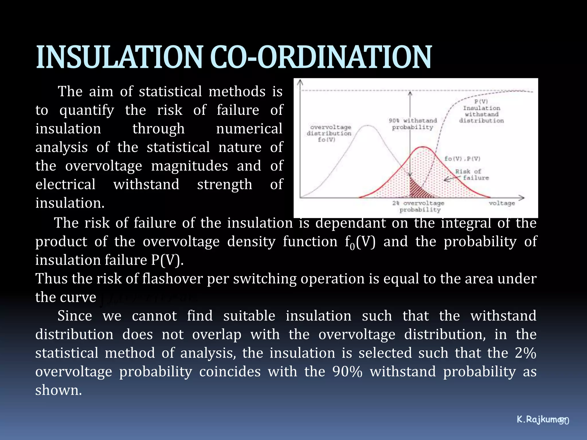 INSULATIONCO-ORDINATION
The aim of statistical methods is
to quantify the risk of failure of
insulation through numerical
analysis of the statistical nature of
the overvoltage magnitudes and of
electrical withstand strength of
insulation.
K.Rajkumar50
The risk of failure of the insulation is dependant on the integral of the
product of the overvoltage density function f0(V) and the probability of
insulation failure P(V).
Thus the risk of flashover per switching operation is equal to the area under
the curve
Since we cannot find suitable insulation such that the withstand
distribution does not overlap with the overvoltage distribution, in the
statistical method of analysis, the insulation is selected such that the 2%
overvoltage probability coincides with the 90% withstand probability as
shown.
  dV.P(V)(V)f0
 