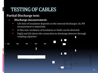 TESTINGOF CABLES
Partial Discharge test:
i. Discharge measurement:
 Life time of insulation depends on the internal discharges. So, PD
measurement is important.
 In this test, weakness of insulation or faults can be detected
 Fig(i) and (ii) shows the connection to discharge detector through
coupling capacitor.
23
F
Equivalent Circuit of Cable for
discharges
C HV
D.D
F
C HV
D.D
F
(ii)
(i)
 