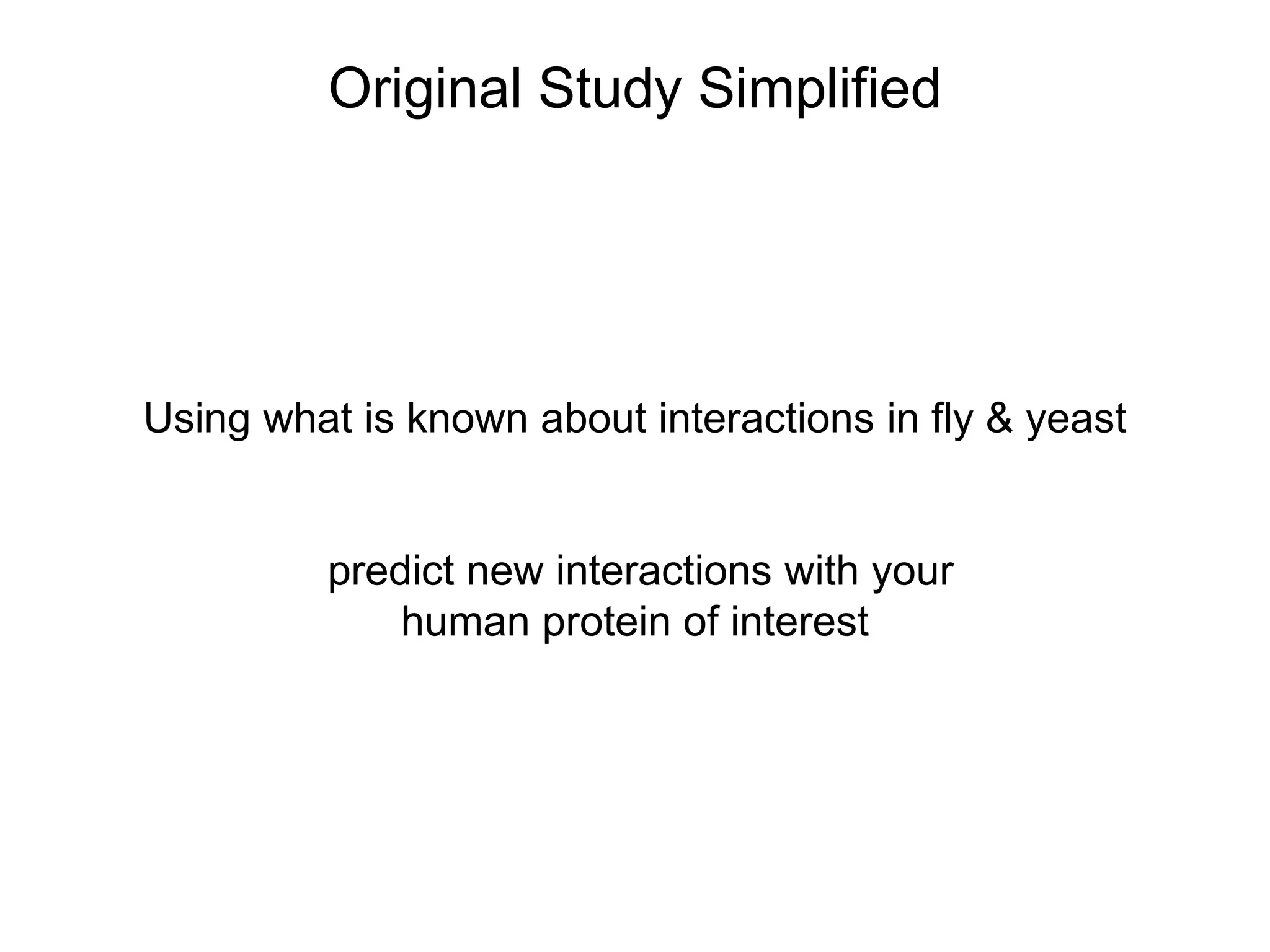 Original Study Simplified




Using what is known about interactions in fly & yeast


         predict new interactions with your
             human protein of interest
 