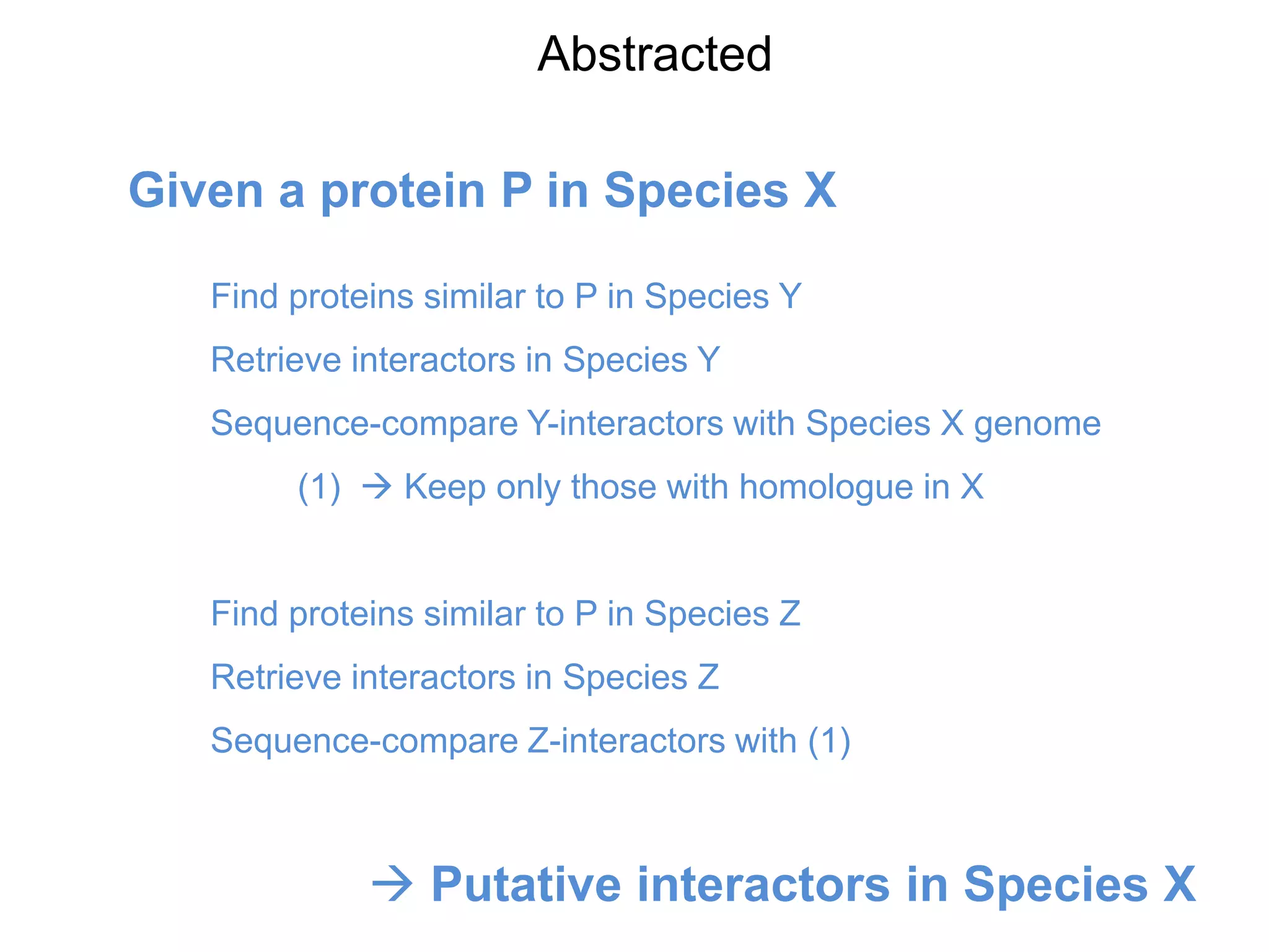 Abstracted

Given a protein P in Species X

   Find proteins similar to P in Species Y
   Retrieve interactors in Species Y
   Sequence-compare Y-interactors with Species X genome
        (1)  Keep only those with homologue in X


   Find proteins similar to P in Species Z
   Retrieve interactors in Species Z
   Sequence-compare Z-interactors with (1)



              Putative interactors in Species X
 