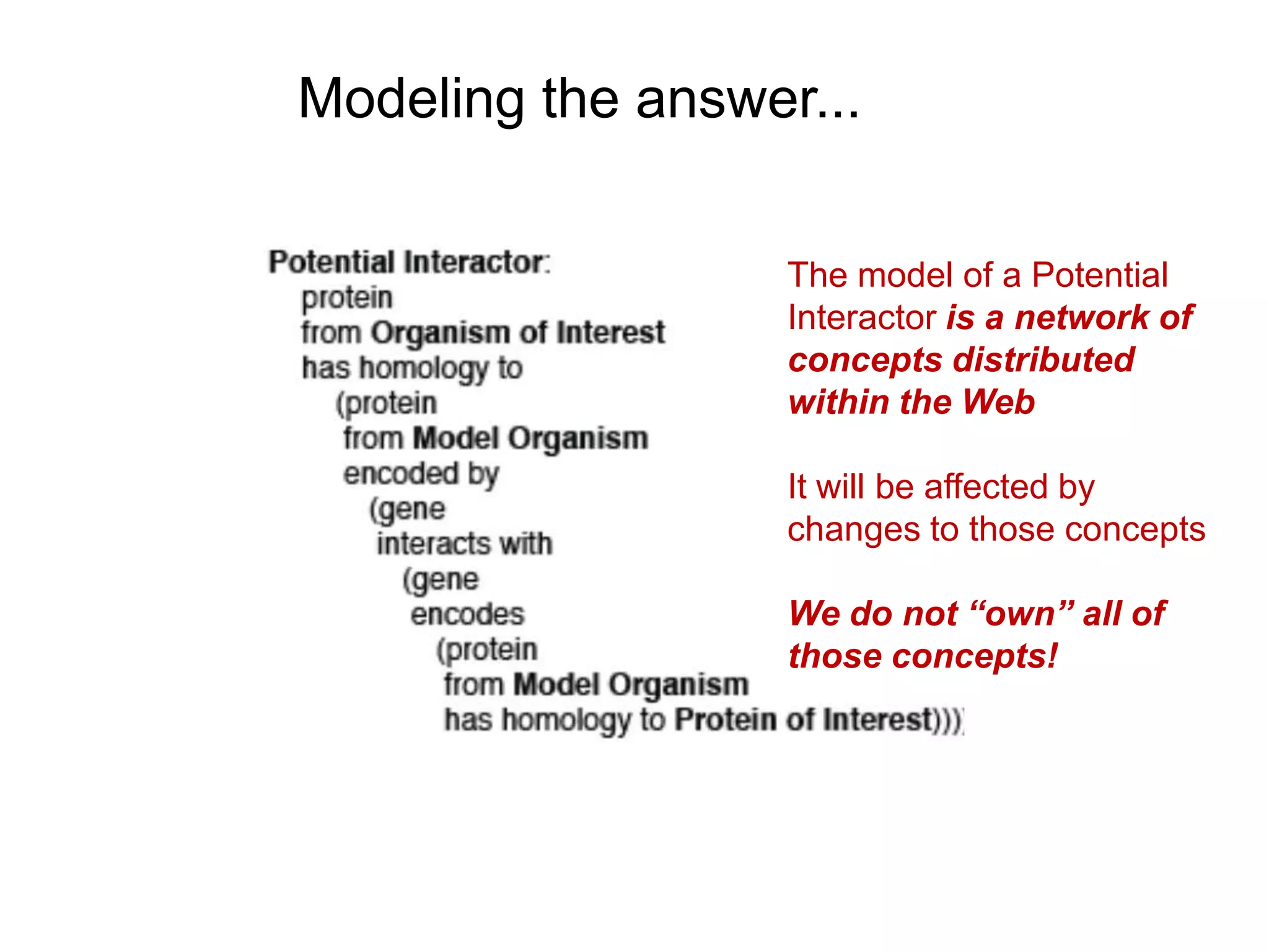 Modeling the answer...


                   The model of a Potential
                   Interactor is a network of
                   concepts distributed
                   within the Web

                   It will be affected by
                   changes to those concepts

                   We do not “own” all of
                   those concepts!
 