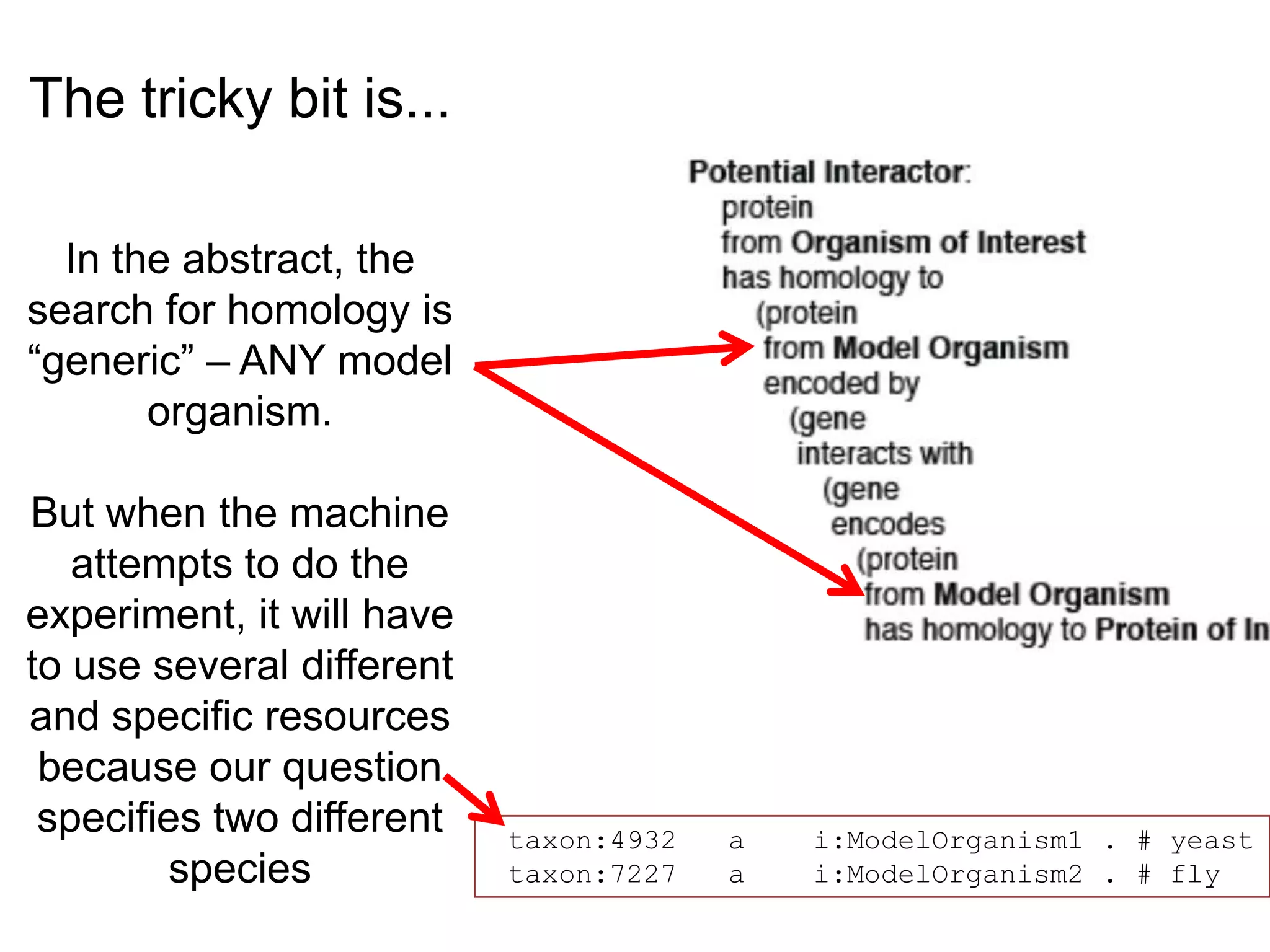 The tricky bit is...

  In the abstract, the
search for homology is
“generic” – ANY model
       organism.

But when the machine
   attempts to do the
experiment, it will have
to use several different
and specific resources
 because our question
 specifies two different   taxon:4932   a   i:ModelOrganism1 . # yeast
        species            taxon:7227   a   i:ModelOrganism2 . # fly
 
