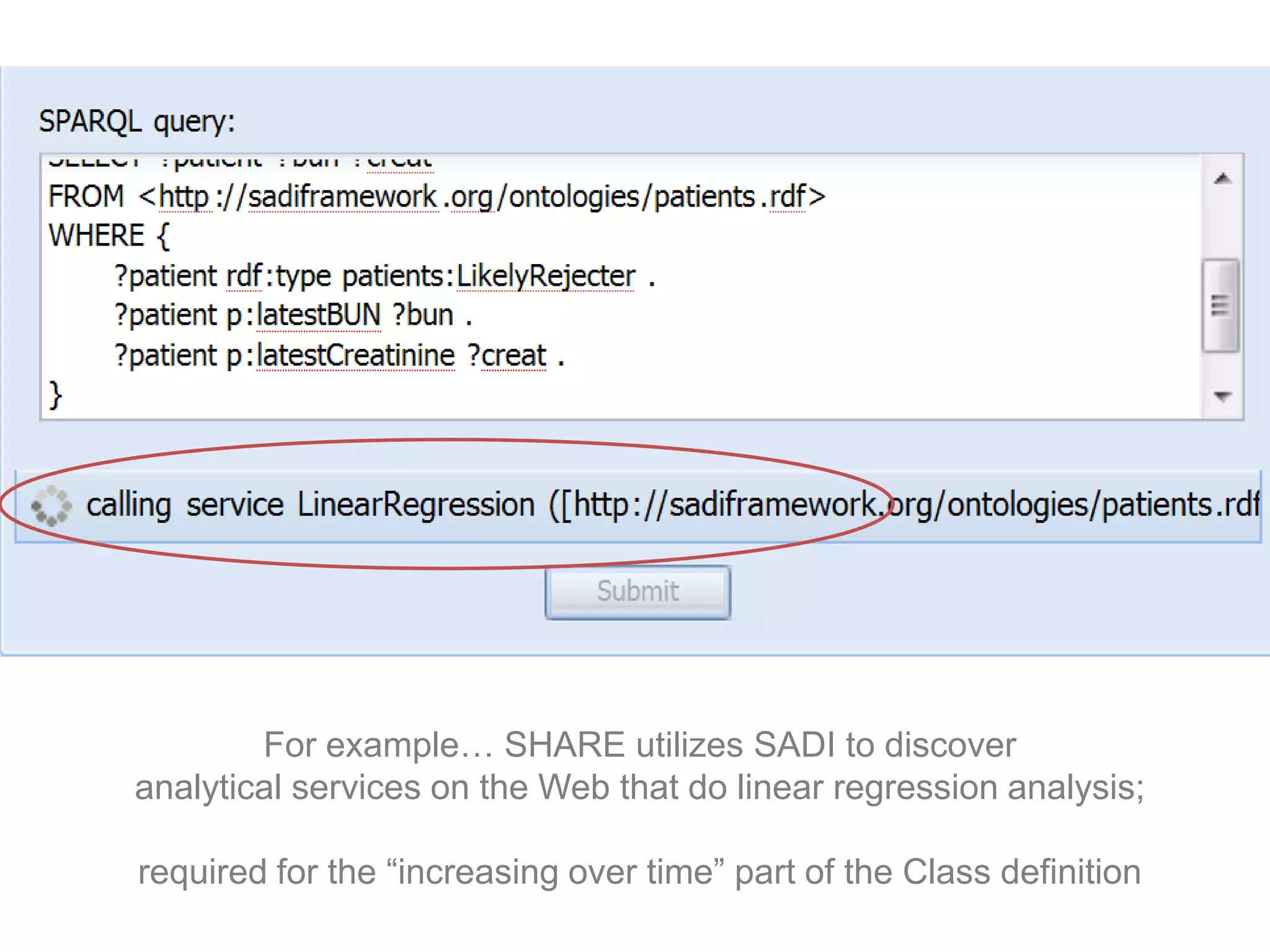 For example… SHARE utilizes SADI to discover
analytical services on the Web that do linear regression analysis;

required for the “increasing over time” part of the Class definition
 