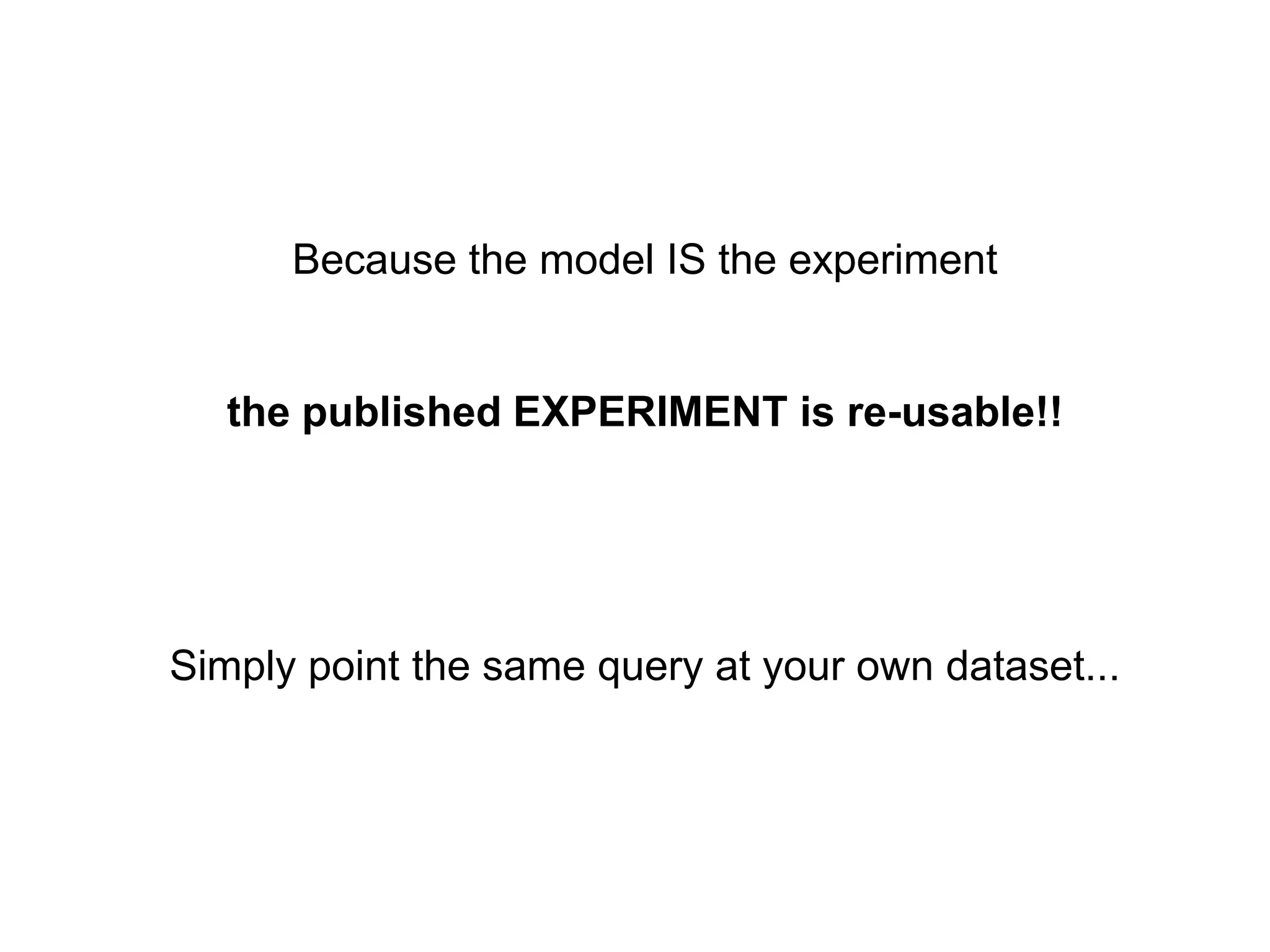 Because the model IS the experiment


   the published EXPERIMENT is re-usable!!




Simply point the same query at your own dataset...
 