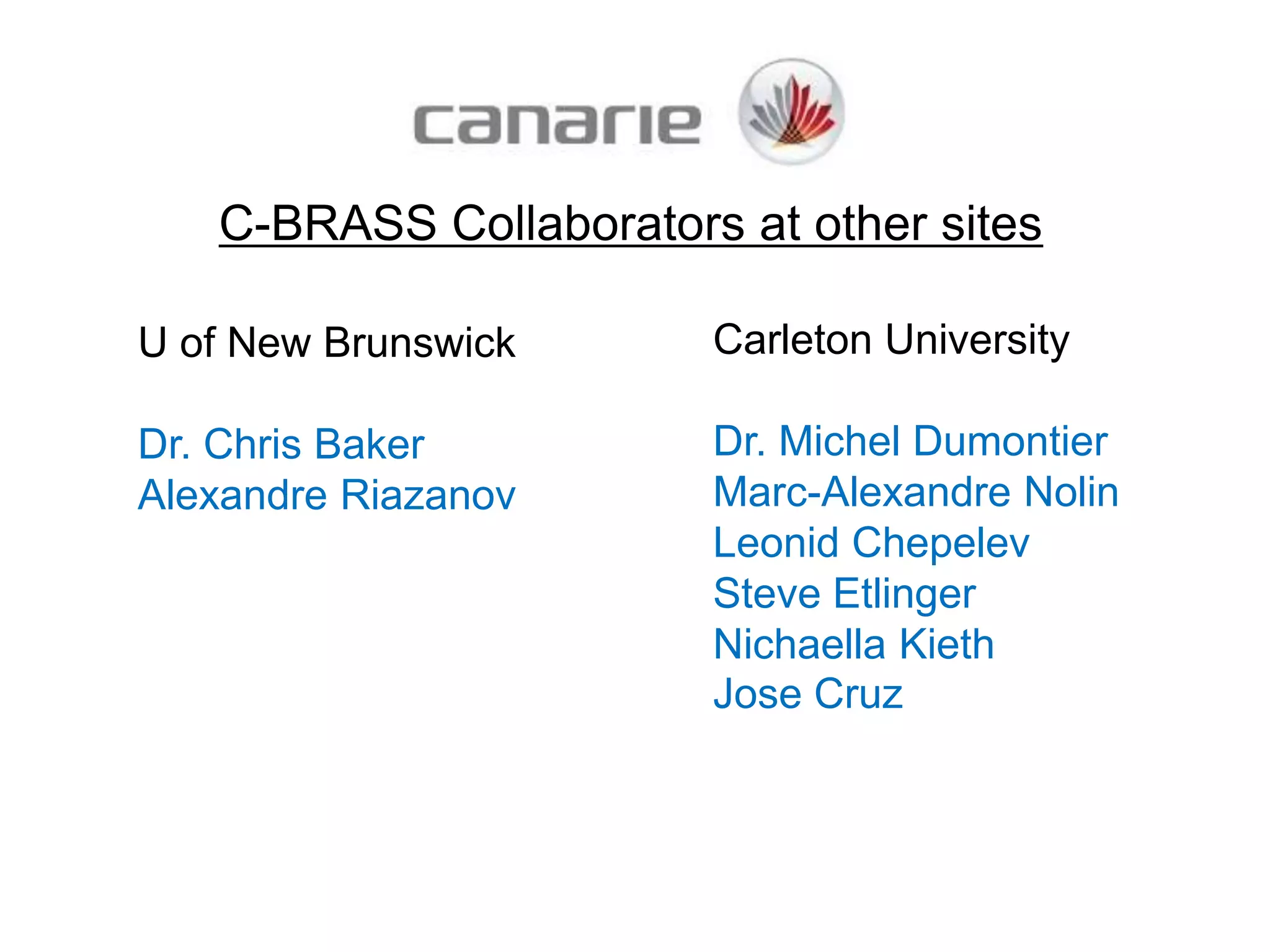 C-BRASS Collaborators at other sites

U of New Brunswick      Carleton University

Dr. Chris Baker         Dr. Michel Dumontier
Alexandre Riazanov      Marc-Alexandre Nolin
                        Leonid Chepelev
                        Steve Etlinger
                        Nichaella Kieth
                        Jose Cruz
 
