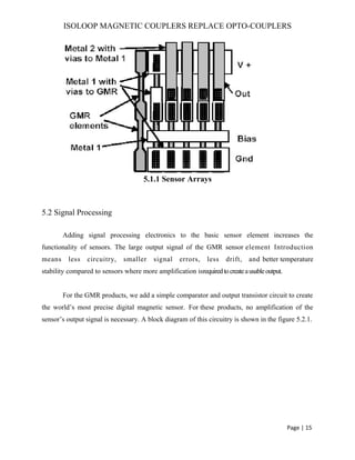 ISOLOOP MAGNETIC COUPLERS REPLACE OPTO-COUPLERS
5.1.1 Sensor Arrays
5.2 Signal Processing
Adding signal processing electronics to the basic sensor element increases the
functionality of sensors. The large output signal of the GMR sensor element Introduction
means less circuitry, smaller signal errors, less drift, and better temperature
stability compared to sensors where more amplification isrequiredtocreateausableoutput.
For the GMR products, we add a simple comparator and output transistor circuit to create
the world’s most precise digital magnetic sensor. For these products, no amplification of the
sensor’s output signal is necessary. A block diagram of this circuitry is shown in the figure 5.2.1.
Page | 15
 