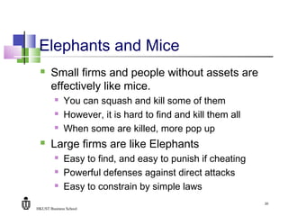 HKUST Business School
20
Elephants and Mice
 Small firms and people without assets are
effectively like mice.
 You can squash and kill some of them
 However, it is hard to find and kill them all
 When some are killed, more pop up
 Large firms are like Elephants
 Easy to find, and easy to punish if cheating
 Powerful defenses against direct attacks
 Easy to constrain by simple laws
 