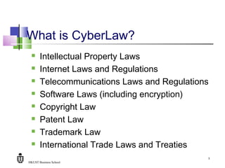 HKUST Business School
3
What is CyberLaw?
 Intellectual Property Laws
 Internet Laws and Regulations
 Telecommunications Laws and Regulations
 Software Laws (including encryption)
 Copyright Law
 Patent Law
 Trademark Law
 International Trade Laws and Treaties
 