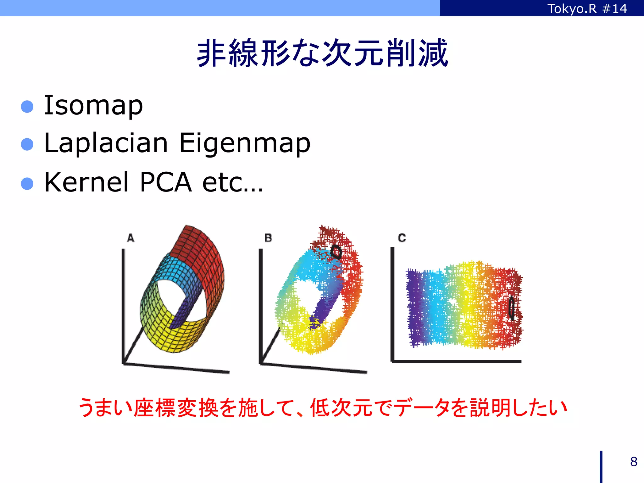 Tokyo.R #14



                非線形な次元削減	
l  Isomap
l  LaplacianEigenmap
l  Kernel PCA etc…




     うまい座標変換を施して、低次元でデータを説明したい	

                                            8
 