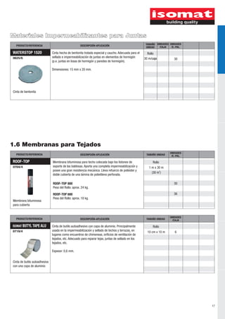 17 
PRODUCTO/REFERENCIA DESCRIPCIÓN-APLICACIÓN UNIDAD UNIDADES 
WATERSTOP 1520 Rollo 
0625/6 30 m/caja 30 
Cinta de bentonita 
Cinta hecha de bentonita tratada especial y caucho. Adecuada para el 
sellado e impermeabilización de juntas en elementos de hormigón 
(p.e. juntas en losas de hormigón y paredes de hormigón). 
Dimensiones: 15 mm x 20 mm. 
PRODUCTO/REFERENCIA DESCRIPCIÓN-APLICACIÓN TAMAÑO UNIDAD UNIDADES 
/E.-PAL. 
Membrana bituminosa para techo colocada bajo los listones de 
soporte de las baldosas. Aporta una completa impermeabilizacioń y 
posee una gran resistencia mecánica. Lleva refuerzo de poliéster y 
doble cubierta de una lámina de polietileno perforada. 
PRODUCTO/REFERENCIA DESCRIPCIÓN-APLICACIÓN TAMAÑO UNIDAD UNIDADES 
/CAJA 
1.6 Membranas para Tejados 
ROOF-TOP 
0704/4 
30 
1 m x 30 m 
2 (30 m ) 
36 
Rollo 
Membrana bituminosa 
para cubierta 
ROOF-TOP 800 
Peso del Rollo: aprox. 24 kg. 
ROOF-TOP 600 
Peso del Rollo: aprox. 18 kg. 
ISOMAT BUTYL TAPE ALU 
0719/4 6 
Cinta de butilo autoadhesiva 
con una capa de aluminio 
Cinta de butilo autoadhesivo con capa de aluminio. Principalmente Rollo 
usada en la impermeabilizacioń y sellado de techos y terrazas, en 
lugares como encuentros de chimeneas, orificios de ventilacioń de 
tejados, etc. Adecuado para reparar tejas, juntas de sellado en los 
tejados, etc. 
10 cm x 10 m 
Espesor: 0,6 mm. 
UNIDADES 
/E.-PAL. 
TAMAÑO 
/CAJA 
Materiales Impermeabilizantes para Juntas 
 
