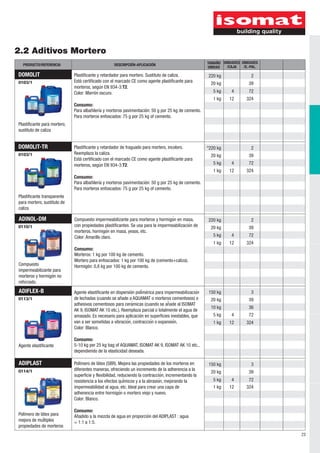 UNIDADES 
/E.-PAL. 
PRODUCTO/REFERENCIA DESCRIPCIÓN-APLICACIÓN TAMAÑO 
UNIDADES 
UNIDAD /CAJA 
2.2 Aditivos Mortero 
DOMOLIT 
0103/1 
Plastificante para mortero, 
sustituto de caliza 
DOMOLIT-TR 
0103/1 
Plastificante transparente 
para mortero, sustituto de 
caliza 
Plastificante y retardador para mortero. Sustituto de caliza. 
Está certificado con el marcado CE como agente plastificante para 
morteros, según EN 934-3:T2. 
Color: Marrón oscuro. 
Consumo: 
Para albañilería y morteros pavimentación: 50 g por 25 kg de cemento. 
Para morteros enfoscados: 75 g por 25 kg of cemento. 
Plastificante y retardador de fraguado para mortero, incoloro. 
Reemplaza la caliza. 
Está certificado con el marcado CE como agente plastificante para 
morteros, según EN 934-3:T2. 
Consumo: 
Para albañilería y morteros pavimentación: 50 g por 25 kg de cemento. 
Para morteros enfoscados: 75 g por 25 kg of cemento. 
ADINOL-DM 
0110/1 
Compuesto 
impermeabilizante para 
morteros y hormigón no 
reforzado. 
ADIPLAST 
0114/1 
Polímero de látex para 
mejora de múltiples 
propiedades de morteros 
2 
39 
72 
324 
2 
39 
72 
324 
2 
39 
72 
324 
3 
39 
36 
72 
324 
3 
39 
72 
324 
4 
12 
4 
12 
4 
12 
4 
12 
4 
12 
220 kg 
20 kg 
5 kg 
1 kg 
*220 kg 
20 kg 
5 kg 
1 kg 
220 kg 
20 kg 
5 kg 
1 kg 
150 kg 
20 kg 
10 kg 
5 kg 
1 kg 
150 kg 
20 kg 
5 kg 
1 kg 
ADIFLEX-B 
0113/1 
Agente elastificante 
Compuesto impermeabilizante para morteros y hormigón en masa, 
con propiedades plastificantes. Se usa para la impermeabilización de 
morteros, hormigoń en masa, yesos, etc. 
Color: Amarillo claro. 
Consumo: 
Morteros: 1 kg por 100 kg de cemento. 
Mortero para enfoscados: 1 kg por 100 kg de (cemento+caliza). 
Hormigón: 0,8 kg por 100 kg de cemento. 
Agente elastificante en dispersión polímérica para impermeabilizacioń 
de lechadas (cuando se añade a AQUAMAT o morteros cementosos) o 
adhesivos cementosos para cerámicas (cuando se anãde al ISOMAT 
AK 9, ISOMAT AK 10 etc.). Reemplaza parcial o totalmente el agua de 
amasado. Es necesario para aplicación en superficies inestables, que 
van a ser sometidas a vibración, contraccioń o expansión. 
Color: Blanco. 
Consumo: 
5-10 kg per 25 kg bag of AQUAMAT, ISOMAT AK 9, ISOMAT AK 10 etc., 
dependiendo de la elasticidad deseada. 
Polímero de látex (SBR). Mejora las propiedades de los morteros en 
diferentes maneras, ofreciendo un incremento de la adherencia a la 
superficie y flexibilidad, reduciendo la contraccioń , incrementando la 
resistencia a los efectos químicos y a la abrasión, mejorando la 
impermeabilidad al agua, etc. Ideal para crear una capa de 
adherencia entre hormigón o mortero viejo y nuevo. 
Color: Blanco. 
Consumo: 
Añadido a la mezcla de agua en proporción del ADIPLAST : agua 
= 1:1 a 1:5. 
23 
 