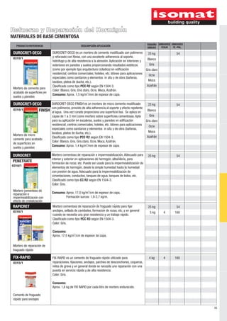 45 
Refuerzo y Reparación del Hormigón 
MATERIALES DE BASE CEMENTOSA 
UNIDADES 
/E.-PAL. 
PRODUCTO/REFERENCIA DESCRIPCIÓN-APLICACIÓN TAMAÑO 
UNIDADES 
UNIDAD /CAJA 
Gris 
Gris claro 
Moca 
Azafrán 
DUROCRET-DECO FINISH es un mortero de micro cemento modificado 25 kg 
con polímeros, provisto de alta adherencia al soporte y efecto repelente 
al agua. Una vez curado proporciona una superficie lisa. Se aplica en 
capas de 1 a 3 mm como mortero sobre superficies cementosas. Apto 
para su aplicación en escaleras, suelos y paredes en edificación 
residencial, centros comerciales, hoteles, etc. Idóneo para aplicaciones 
especiales como sanitarios y elementos in situ y de obra (bañeras, 
lavabos, platos de ducha, etc.). 
Clasificado como tipo PCC R2 según EN 1504-3. 
Color: Blanco, Gris, Gris claro, Ocre, Moca, Azafrán. 
2 Consumo: Aprox. 1,4 kg/m /mm de espesor de capa. 
DUROCRET-DECO 
0310/1 
RAPICRET 
25 kg 
0316/1 5 kg 
4 
Mortero de reparación de 
fraguado rápido 
Mortero cementoso de reparación de fraguado rápido para fijar 
anclajes, sellado de cavidades, formacioń de rozas, etc. y en general 
cuando se necesita una gran resistencia y un trabajo rápido. 
Clasificado como tipo PCC R3 según EN 1504-3. 
Color: Gris. 
Consumo: 
2 Aprox. 17,5 kg/m /cm de espesor de capa. 
DUROCRET 
PENETRATE 
0310/1 
25 kg 
Mortero cementoso de 
reparacioń e 
impermeabilizacioń con 
efecto de cristalización 
Mortero cementoso de reparación e impermeabilizacioń. Adecuado para 
interior y exterior en aplicaciones de hormigoń, albañilería, para 
formacioń de rozas, etc. Puede ser usado para la impermeabilización de 
elementos de hormigón, desde la simple humedad hasta la humedad 
con presión de agua. Adecuado para la impermeabilizacioń de 
cimentaciones, conductos, tanques de agua, tanques de lodos, etc. 
Clasificado como tipo CC R2 según EN 1504-3. 
Color: Gris. 
2 Consumo: Aprox. 17,0 kg/m /cm de espesor de capa. 
Formación surcos: 1,9-2,7 kg/m. 
DUROCRET-DECO 
0310/1 FINISH 
Mortero de micro 
cemento para acabado 
de superficies en 
suelos y paredes 
DUROCRET-DECO es un mortero de cemento modificado con polímeros 25 kg 
y reforzado con fibras, con una excelente adherencia al soporte, 
hidrófugo y de alta resistencia a la abrasión. Aplicación en interiores y 
exteriores en paredes y suelos proporcionando resultados estéticos 
(como por ejemplo tipo arquitectura cicladica) en edificación 
residencial, centros comerciales, hoteles, etc. Idóneo para aplicaciones 
especiales como sanitarios y elementos in situ y de obra (bañeras, 
lavabos, platos de ducha, etc.). 
Clasificado como tipo PCC R2 según EN 1504-3. 
Color: Blanco, Gris, Gris claro, Ocre, Moca, Azafrán. 
2 Consumo: Aprox. 1,5 kg/m /mm de espesor de capa. 
Mortero de cemento para 
acabado de superficies en 
suelos y paredes 
Blanco 
Blanco 
Gris 
Gris claro 
Moca 
Azafrán 
FIX-RAPID 
0315/1 
4 kg 4 
54 
54 
54 
54 
160 
160 
Ocre 
Ocre 
Cemento de fraguado 
rápido para anclajes 
FIX-RAPID es un cemento de fraguado rápido utilizado para 
reparaciones, fijaciones, anclajes, parcheo de desconchones, coqueras, 
nidos de grava y en general donde se necesite una reparación con una 
puesta en servicio rápida y de alta resistencia. 
Color: Gris. 
Consumo: 
Aprox. 1,6 kg de FIX RAPID por cada litro de mortero endurecido. 
 