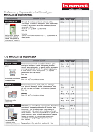 PRODUCTO/REFERENCIA DESCRIPCIÓN-APLICACIÓN UNIDAD UNIDADES 
MEGAGROUT-101 
0329/1 
Mortero de alta resistecia, 
de retracción controlada, 
vertible, adecuado para la 
cimentacioń de maquinaria 
Mortero de alta resistecia, de retracción controlada, vertible. 
Adecuado para la cimentacioń de maquinaria, relleno de precisión en 
la instalación de maquinaria de precisión, anclajes. Aplicado hasta 
espesores de 100 mm. 
Clasificado como tipo CC R4 según EN 1504-3. 
Color: Gris. 
Consumo: 
2 Aprox. 21,5 kg/m /cm de espesor de capa o 2,1 kg para volumen de 
relleno de 1 litro. 
4.1.2 MATERIALES DE BASE EPOXÍDICA 
UNIDADES 
/E.-PAL. 
TAMAÑO 
/CAJA 
25 kg 54 
PRODUCTO/REFERENCIA DESCRIPCIÓN-APLICACIÓN UNIDAD UNIDADES 
EPOMAX-STUCCO 
0429/1 
Masilla epoxi bicomponente 
de grado extrafino 
EPOMAX-EK 
0421/1 
UNIDADES 
/E.-PAL. 
96 
(A+B) 
96 
240 
TAMAÑO 
/CAJA 
1 kg 
(A+B) (A+B) 
6 
15 
4 kg 
(A+B) 
2 kg 
(A+B) 
1 kg 
(A+B) (A+B) 
Masilla epoxi bicomponente de grado extrafino. Ideal para aplicar a 
cualquier tipo de superficie. Tambień adecuado para la unión de 
hormigoń, acero, piedra, madera, etc. ademaś de daños de reparación 
en hormigón y morteros de cemento. Para aplicaciones particulares, 
la mezcla de menor cantidad de componentes A y B es posible 
conservando el ratio 1:1 en volumen. 
Color: Gris. 
Consumo: 
2 Aprox. 1,35 kg/m /mm de espesor de capa. 
Masilla epoxi bicomponentes. Usada para la unión de hormigón y 
acero, reparación de hormigón, unión de juntas y sellado de grietas 
que serán inyectadas con EPOMAX-L10, EPOMAX-L20, DUREBOND. 
Color: Gris. 
Consumo: 
2 Aprox. 1,85 kg/m /mm de espesor de capa. 
Masilla epoxi de dos (A+B) (A+B) (A+B) 
componentes 
EPOMAX-MT 
0422/2 
Mortero fluido de alta 
resistencia de tres 
componentes en base epoxi 
EPOMAX-MT es un mortero fluido de tres componentes, alta resistencia 
y sin retracción en base a resinas epoxi libre de disolventes de dos 
componentes y árido silíceo seleccionado. Proporciona una alta 
resistencia inicial y final, excelente adherencia al acero y hormigón y 
elevada resistencia a vibraciones e impactos. Puede ser aplicado como 
anclaje químico para pernos, anclajes de acero corrugado, fijaciones, 
bancadas de maquinaria etc., así como para reparaciones de 
elementos de hormigón (grietas y juntas) mediante vertido. 
Color: Gris claro. 
Consumo: Aprox. 1,9 kg para rellenos de volumen de 1 litro. 
25 kg 
(A+B+C) 
54 (A+B) 
54 (C) 
47 
18 216 
Refuerzo y Reparación del Hormigón 
MATERIALES DE BASE CEMENTOSA 
 