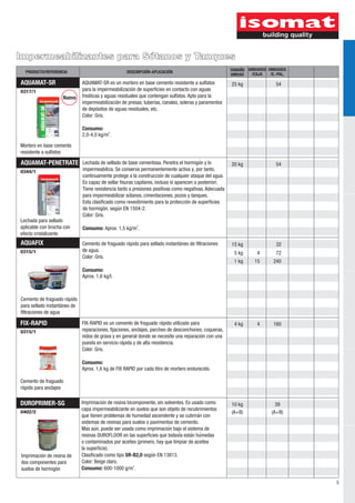 Impermeabilizantes para Sótanos y Tanques 
5 
PRODUCTO/REFERENCIA DESCRIPCIÓN-APLICACIÓN UNIDAD UNIDADES 
DUROPRIMER-SG 
0402/2 
54 
54 
25 kg 
20 kg 
10 kg 39 
(A+B) (A+B) 
Imprimacioń de resina bicomponente, sin solventes. Es usado como 
capa impermeabilizante en suelos que son objeto de recubrimientos 
que tienen problemas de humedad ascendente y se cubrirán con 
sistemas de resinas para suelos o pavimentos de cemento. 
Maś aún, puede ser usada como imprimacioń bajo el sistema de 
resinas DUROFLOOR en las superficies que todavía están húmedas 
o contaminados por aceites (primero, hay que limpiar de aceites 
la superficie). 
Clasificado como tipo SR-B2,0 según EN 13813. 
Color: Beige claro. 
2 Consumo: 600-1000 g/m . 
Imprimación de resina de 
dos componentes para 
suelos de hormigón 
UNIDADES 
/E.-PAL. 
TAMAÑO 
/CAJA 
AQUAFIX 
0315/1 
Cemento de fraguado rápido 
para sellado instantáneo de 
filtraciones de agua 
4 
15 
Cemento de fraguado rápido para sellado instantáneo de filtraciones 
de agua. 
Color: Gris. 
Consumo: 
Aprox. 1,6 kg/l. 
0344/1 
Lechada para sellado 
aplicable con brocha con 
efecto cristalizante 
Lechada de sellado de base cementosa. Penetra el hormigón y lo 
impermeabiliza. Se conserva permanentemente activa y, por tanto, 
continuamente protege a la construcción de cualquier ataque del agua. 
Es capaz de sellar fisuras capilares, incluso si aparecen a posteriori. 
Tiene resistencia tanto a presiones positivas como negativas. Adecuada 
para impermeabilizar sot́anos, cimentaciones, pozos y tanques. 
Esta clasificado como revestimiento para la protección de superficies 
de hormigón, según EN 1504-2. 
Color: Gris. 
2 Consumo: Aprox. 1,5 kg/m . 
0317/1 
Mortero en base cemento 
resistente a sulfatos 
AQUAMAT-SR es un mortero en base cemento resistente a sulfatos 
para la impermeabilización de superficies en contacto con aguas 
freáticas y aguas residuales que contengan sulfatos. Apto para la 
impermeabilización de presas, tuberías, canales, soleras y paramentos 
de depósitos de aguas residuales, etc. 
Color: Gris. 
Consumo: 
2 2,0-4,0 kg/m . 
AQUAMAT-SR 
FIX-RAPID 
0315/1 
4 
Cemento de fraguado 
rápido para anclajes 
FIX-RAPID es un cemento de fraguado rápido utilizado para 
reparaciones, fijaciones, anclajes, parcheo de desconchones, coqueras, 
nidos de grava y en general donde se necesite una reparación con una 
puesta en servicio rápida y de alta resistencia. 
Color: Gris. 
Consumo: 
Aprox. 1,6 kg de FIX RAPID por cada litro de mortero endurecido. 
32 
72 
240 
160 
15 kg 
5 kg 
1 kg 
4 kg 
Íuevo 
AQUAMAT-PENETRATE 
 