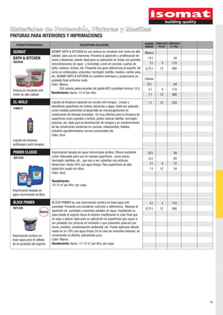 55 
Materiales de Proteccioń , Pinturas y Masillas 
PINTURAS PARA INTERIORES Y IMPRIMACIONES 
PRODUCTO/REFERENCIA DESCRIPCIÓN-APLICACIÓN UNIDAD UNIDADES 
FLEX-PRIMER 
0212/6 
PRIMER CLASSIC Imprimación basada en agua micronizada acrílica. Ofrece excelente 
Imprimación basada en 
agua micronizada acrílica 
unión. Adecuado para uso en nuevas superficies , como yesos, 
hormigón, ladrillos, etc., que van a ser cubiertas con pinturas. 
Reducción: Hasta 50% con agua limpia. Para superficies de alta 
absorción usarlo sin diluir. 
Color: Azul. 
Rendimiento: 
2 10-15 m por litro, por capa. 
UNIDADES 
/E.-PAL. 
TAMAÑO 
/CAJA 
BLOCK PRIMER BLOCK PRIMER es una imprimación acrílica en base agua anti 
Íuevo 
CL-MOLD 
1402/1 
Liquido de limpieza 
antifúngico (anti-hongos) 
Blanco 
3 l 
Colores 
3 l 
1 l 
0229/6 
Pintura en emulsión anti 
moho de alta calidad 
ISOMAT ΒΑΤΗ & KITCHEN es una pintura en emulsión anti moho de alta 
calidad para uso en interiores. Previene la aparición y proliferación de 
moho y bacterias, siendo ideal para su aplicación en áreas con grandes 
concentraciones de vapor y humedad, como en cocinas, cuartos de 
baño, sótanos, techos, etc. Presenta una gran adherencia al soporte, tal 
como en enfoscados, enlucidos, hormigón, ladrillo, madera, cartón yeso, 
etc. ISOMAT ΒΑΤΗ & KITCHEN no contiene amoniaco y proporciona un 
acabado final uniforme mate. 
Color: Blanco. 
256 colores seleccionados de paleta NCS (cantidad mínima 10 l). 
2 Rendimiento: Aprox. 12 m por litro. 
10 l 
0,75 l 
10 l 
1 l 
ISOMAT 
ΒΑΤΗ & KITCHEN 
FLEX-PRIMER 
0213/6 
Imprimación acrílica en 
base agua para el sellado 
de la suciedad del soporte 
suciedad. Presenta una excelente cubrición y adherencia. Bloquea la 
aparición de suciedad y manchas solubles en agua, impidiendo su 
paso desde el soporte hacia el exterior modificando el color final que 
se vaya a aplicar. Apta para su aplicación en superficies que vayan a 
ser pintadas con pinturas en emulsión y que presenten polución por 
humo, nicotina, contaminación ambiental, etc. Puede aplicarse diluida 
hasta en un 10% con agua limpia. En el caso de manchas intensas, se 
recomienda no diluirla, aplicándola pura. 
Color: Blanco. 
2 Rendimiento: Aprox. 11-12 m por litro, por capa. 
4 
12 
4 
12 
12 
4 
12 
4 
12 
44 
110 
360 
44 
110 
360 
324 
39 
60 
72 
54 
110 
360 
20 l 
10 l 
5 l 
1 l 
3 l 
0,75 l 
Líquido de limpieza especial con acción anti hongos. Limpia y 
desinfecta superficies de mohos, bacterias y algas. Debe ser aplicado 
como medida preventiva al desarrollo de microorganismos en 
condiciones de elevada humedad. Es muy efectivo para la limpieza de 
superficies como paredes y techos, piedra natural, ladrillo, hormigón, 
piscinas, etc. Apto para la desinfección de hongos y en mantenimiento 
de las condiciones sanitarias en cocinas, restaurantes, hoteles, 
industria agroalimentaria, hornos comerciales etc. 
Color: Azul. 
 