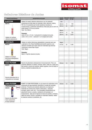 Selladores Elásticos de Juntas 
PRODUCTO/REFERENCIA DESCRIPCIÓN-APLICACIÓN UNIDAD UNIDADES 
ELASTOTAN 
Gris 
0607/6 600 ml 15 
280 ml 25 
Blanco 
600 ml 15 
280 ml 25 
ISOMAT PU FOAM 
0632/6 
750 ml 12 
Espuma poliuretano de un 
componente sin humedad 
Espuma de poliuretano autoexpansiva monocomponente. Tiene una 
excelente adhesión en madera, cemento, piedra, metal, etc. Usada para 
fijar puertas y marcos de ventanas, rellenar agujeros, cierre de tejas en 
techos y material de aislamientos, etc. 
Íuevo 
UNIDADES 
/E.-PAL. 
TAMAÑO 
/CAJA 
ISOMAT PU FOAM 
PROFESSIONAL 
0632/6 
ISOMAT PU FOAM PROFESSIONAL es una espuma de poliuretano mono 750 ml 12 
componente de baja expansión volumétrica y curada por humedad 
ambiental. Presenta una excelente adherencia a la mayoría de 
materiales de construcción (madera, enfoscados y enlucidos, 
hormigón, piedra, acero, etc.). Sus principales características son 
aislamiento térmico y acústico, resistencia a la humedad y al 
envejecimiento. Apta para la fijación de marcos de puertas y ventanas, 
relleno de huecos, fisuras y cavidades en materiales aislantes, relleno 
de espacios anulares de pasatubos, etc. 
Espuma de poliuretano 
mono componente 
de baja expansión 
750 
1.875 
750 
1.875 
1.020 
1.020 
67 
Sellado de mastique 
adhesivo elastomerico 
Sellado de mástico adhesivo elastomérico con una adhesioń 
excepcional con toda clase de materiales: vidrio, aluminio, madera, 
PVC, etc. Se caracteriza por la alta resistencia mecań ica al 
envejecimiento y condiciones atmosféricas. Adecuado para el cierre de 
juntas desde 3 a 50 mm de ancho. 
Color: Gris, Blanco. 
Consumo: 
Junta 10 mm x 10 mm: 1 cartucho/2,8 m longitud de la junta. 
Junta 5 mm x 5 mm: 1 cartucho/11,2 m longitud de la junta. 
TIXOPHALTE 
Negro 
0624/6 310 ml 24 
Sellado de mastique 
bituminoso elastoplastico 
y adhesivo 
1.440 
Sellado de mástico bituminoso elastoplástico, preparado para usar 
y aplicado en frío. Posee flexibilidad permanente superior y una 
adhesión excelente para todas clases de materiales bajo diversas 
condiciones, incluso bajo el agua. 
Color: Negro. 
Consumo: 
Aprox.1,4 kg/l de volumen de junta. 
 