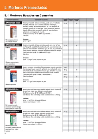 5. Morteros Premezclados 
PRODUCTO/REFERENCIA DESCRIPCIÓN-APLICACIÓN UNIDAD UNIDADES 
MARMOCRET-BOND 
0340/1 
Mortero para unión de 
enlucidos de mortero 
MARMOCRET-BASE 
0341/1 
54 
54 
25 kg 
25 kg 
5.1 Morteros Basados en Cementos 
Morteros premezclados 
para capas base 
MARMOCRET 1 
0306/1 
MARMOCRET Fine 
0311/1 
70 
Gris 
30 kg 48 
Blanco 
25 kg 54 
MARMOCRET Decor 
0312/1 
25 kg 54 
Mortero premezclado, 
coloreado, repelente al agua 
para superficies finales lisas 
Mortero premezclado, 
coloreado, repelente al agua 
para superficies finales 
rugosas 
48 
30 kg 
Mortero monocapa 
Mortero premezclado de base cementosa, usado para unir enlucidos 
demortero. Adecuado para la unión de enlucidos en hormigón, 
albañileriá, paneles de aislamiento térmico, etc., con el objetivo de 
mejorar la adhesión de la “capa base” con el mortero que se aplica 
después. Solamente es necesario la adicioń de agua. Ideal para 
aplicaciones con maq́ uinas de enlucido. 
Clasificado como tipo GP CS IV, W1 según EN 998-1. 
Color: Gris. 
Consumo: 
2 Aprox. 5 kg/m . 
Mortero premezclado de base cementosa, usado para crear la “capa 
base” (segunda capa) del enlucido. Constituye la superficie ideal de la 
aplicacioń final de mortero repelente al agua, de color, se puede aplicar 
con la maquina de enlucir. Solamente es necesaria la adicioń de agua. 
Clasificado como tipo GP CS II, W0 según EN 998-1. 
Color: Gris. 
Consumo: 
2 Aprox. 13,5 kg/m /cm de espesor del yeso. 
Mortero monocapa premezclado. Aplicado para un espesor máximo de 
3 cm por capa. Su uso requiere la aplicacioń de un enlucido de unión 
(enlucido bruto). Se mezcla solamente con agua. El mortero se puede 
aplicar con maq́ uina de enlucir o manualmente, usando una llana. 
Clasificado como tipo OC CS II, W1 según EN 998-1. 
Color: Gris, Blanco. 
Consumo: 
2 Aprox. 15,0 kg/m /cm de espesor del yeso. 
Mortero decorativo de acabado, repelente al agua, para la preparación 
de superficies finales lisas. Solamente necesita agua. 
Clasificado como tipo GP CS II, W1 según EN 998-1. 
Color: Blanco. Otros colores bajo pedido (cantidad mínima 6.000 kg). 
Consumo: 
2 Aprox. 1,4 kg/m /mm de espesor del yeso. 
Espesor recomendado: 2-5 mm. 
Mortero decorativo de acabado, repelente al agua, para la preparación 
de superficies finales rugosas. Solamente necesita agua. 
Clasificado como tipo CS CS II, W1 según EN 998-1. 
Color: Blanco. Otros colores bajo pedido (cantidad mínima 6.000 kg). 
Consumo: 
2 Aprox. 1,5 kg/m /mm de espesor del yeso. 
Espesor recomendado: 2,5-3,5 mm. 
UNIDADES 
/E.-PAL. 
TAMAÑO 
/CAJA 
 