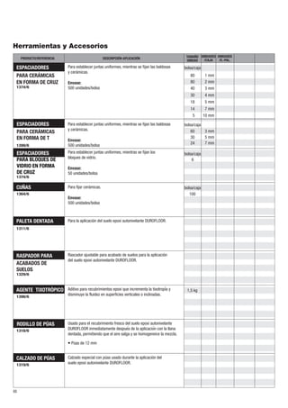 Herramientas y Accesorios 
PRODUCTO/REFERENCIA DESCRIPCIÓN-APLICACIÓN UNIDAD UNIDADES 
1374/6 
88 
Para establecer juntas uniformes, mientras se fijan las baldosas 
y cerámicas. 
Envase: 
500 unidades/bolsa 
Para establecer juntas uniformes, mientras se fijan las baldosas 
y cerámicas. 
Envase: 
500 unidades/bolsa 
Para establecer juntas uniformes, mientras se fijan los 
bloques de vidrio. 
Envase: 
50 unidades/bolsa 
Para fijar cerámicas. 
Envase: 
500 unidades/bolsa 
1399/6 
1374/6 
1364/6 
1311/6 
Para la aplicación del suelo epoxi autonivelante DUROFLOOR. 
1329/6 
Rascador ajustable para acabado de suelos para la aplicación 
del suelo epoxi autonivelante DUROFLOOR. 
1398/6 
Aditivo para recubrimientos epoxi que incrementa la tixotropía y 
disminuye la fluidez en superficies verticales o inclinadas. 
1318/6 
Usado para el recubrimiento fresco del suelo epoxi autonivelante 
DUROFLOOR inmediatamente después de la aplicacioń con la llana 
dentada, permitiendo que el aire salga y se homogeneice la mezcla. 
1319/6 
Calzado especial con púas usado durante la aplicación del 
suelo epoxi autonivelante DUROFLOOR. 
ESPACIADORES 
PARA CERÁMICAS 
EN FORMA DE CRUZ 
ESPACIADORES 
PARA CERÁMICAS 
EN FORMA DE T 
ESPACIADORES 
PARA BLOQUES DE 
VIDRIO EN FORMA 
DE CRUZ 
CUÑAS 
PALETA DENTADA 
RASPADOR PARA 
ACABADOS DE 
SUELOS 
AGENTE TIXOTRÓPICO 
RODILLO DE PÚAS 
CALZADO DE PÚAS 
·Púas de 12 mm 
bolsa/caja 
80 
80 
40 
30 
18 
14 
5 
bolsa/caja 
60 
30 
24 
bolsa/caja 
6 
bolsa/caja 
100 
1 mm 
2 mm 
3 mm 
4 mm 
5 mm 
7 mm 
10 mm 
3 mm 
5 mm 
7 mm 
1,5 kg 
UNIDADES 
/E.-PAL. 
TAMAÑO 
/CAJA 
 