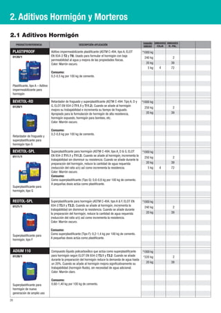 2.1 Aditivos Hormigón
PLASTIPROOF
0120/1
20
2. Aditivos Hormigón y Morteros
Plastificante, tipo A – Aditivo
impermeabilizante para
hormigón
4
BEVETOL-SPL
0111/1
REOTOL-SPL
0121/1
Superplastificante para
hormigón, tipo G
Superplastificante para
hormigón, tipo F
ADIUM 110
0128/1
Superplastificante para
hormigoń de nueva
generacioń de amplio uso
4
*1000 kg
*1000 kg
240 kg
20 kg
20 kg
*220 kg
*1000 kg
*1000 kg
250 kg
20 kg
5 kg
240 kg
20 kg
5 kg
250 kg
20 kg
BEVETOL-RD
0129/1
Retardador de fraguado y
superplastificante para
hormigón tipo G
2
39
2
39
72
2
39
2
39
72
2
39
Superplastificante para hormigoń (ASTM C-494, tipo A, D & G, ELOT
EN 934-2:T11.1 y T11.2). Cuando se anã de al hormigoń , incrementa la
trabajabilidad sin disminuir su resistencia. Cuando se anã de durante la
preparacioń del hormigoń , reduce la cantidad de agua requerida
(reduccioń del ratio a/c) así como incrementa la resistencia.
Color: Marrón oscuro.
Consumo:
Como superplastificante (Tipo G): 0,6-0,8 kg por 100 kg de cemento.
A pequeñas dosis actúa como plastificante.
Aditivo impermeabilizante plastificante (ASTM C-494, tipo A, ELOT
EN 934-2:T2 y T9). Usado para formular el hormigón con baja
permeabilidad al agua y mejora de las propiedades físicas.
Color: Marrón oscuro.
Consumo:
0,2-0,5 kg por 100 kg de cemento.
Retardador de fraguado y superplastificante (ASTM C-494: Tipo A, D y
G, ELOT EN 934-2:T11.1 y T11.2). Cuando se anã de al hormigoń
mejora su trabajabilidad e incrementa su tiempo de fraguado.
Apropiado para la formulacioń de hormigoń de alta resistencia,
hormigoń expuesto, hormigoń para bombeo, etc.
Color: Marrón oscuro.
Consumo:
0,2-0,8 kg por 100 kg de cemento.
Compuesto liq́ uido policarboxiĺ ico que actúa como superplastificante
para hormigoń seguń ELOT EN 934-2:T3.1 y T3.2. Cuando se anã de
durante la preparacioń del hormigoń reduce la demanda de agua hasta
un 20%. Cuando se anã de al hormigoń mejora significativamente su
trabajabilidad (hormigoń fluido), sin necesidad de agua adicional.
Color: Marrón claro.
Consumo:
0,60-1,40 kg por 100 kg de cemento.
Superplastificante para hormigoń (ASTM C-494, tipo A & F, ELOT EN
934-2:T3.1 y T3.2). Cuando se anã de al hormigoń , incrementa la
trabajabilidad sin disminuir la resistencia. Cuando se anã de durante
la preparacioń del hormigoń , reduce la cantidad de agua requerida
(reduccioń del ratio a/c) así como incrementa la resistencia.
Color: Marrón oscuro.
Consumo:
Como superplastificante (Tipo F): 0,2-1,4 kg por 100 kg de cemento.
A pequeñas dosis actúa como plastificante.
UNIDADES
/E.-PAL.
TAMAÑO
UNIDAD
DESCRIPCIÓN-APLICACIÓNPRODUCTO/REFERENCIA
UNIDADES
/CAJA
*1000 kg
 