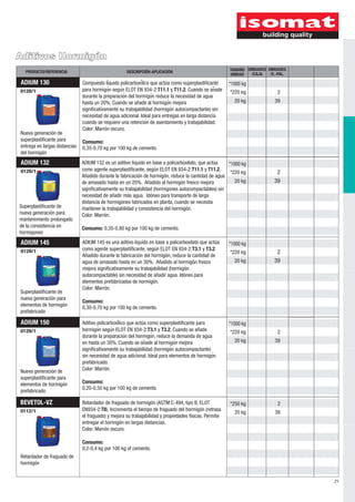 Aditivos Hormigón
21
ADIUM 130
0128/1
Nueva generación de
superplastificante para
entrega en largas distancias
del hormigón
Compuesto liq́ uido policarboxiĺ ico que actúa como superplastificante
para hormigoń seguń ELOT EN 934-2:T11.1 y T11.2. Cuando se anã de
durante la preparacioń del hormigoń reduce la necesidad de agua
hasta un 20%. Cuando se añade al hormigoń mejora
significativamente su trabajabilidad (hormigoń autocompactante) sin
necesidad de agua adicional. Ideal para entregas en larga distancia
cuando se requiere una retencioń de asentamiento y trabajabilidad.
Color: Marrón oscuro.
Consumo:
0,35-0,70 kg por 100 kg de cemento.
ADIUM 150
0128/1
Nueva generación de
superplastificante para
elementos de hormigón
prefabricado
Aditivo policarboxiĺ ico que actúa como superplastificante para
hormigoń seguń ELOT EN 934-2:T3.1 y T3.2. Cuando se añade
durante la preparacioń del hormigoń , reduce la demanda de agua
en hasta un 30%. Cuando se anã de al hormigoń mejora
significativamente su trabajabilidad (hormigoń autocompactante)
sin necesidad de agua adicional. Ideal para elementos de hormigoń
prefabricado.
Color: Marrón.
Consumo:
0,20-0,50 kg por 100 kg de cemento.
UNIDADES
/E.-PAL.
TAMAÑO
UNIDAD
DESCRIPCIÓN-APLICACIÓNPRODUCTO/REFERENCIA
UNIDADES
/CAJA
BEVETOL-VZ
0112/1
Retardador de fraguado de
hormigón
Retardador de fraguado de hormigón (ASTM C-494, tipo B, ELOT
EN934-2:T8). Incrementa el tiempo de fraguado del hormigón (retrasa
el fraguado) y mejora su trabajabilidad y propiedades físicas. Permite
entregar el hormigón en largas distancias.
Color: Marrón oscuro.
Consumo:
0,2-0,4 kg por 100 kg of cemento.
ADIUM 145
0128/1
Superplastificante de
nueva generación para
elementos de hormigón
prefabricado
ADIUM 132
0128/1
Superplastificante de
nueva generación para
mantenimiento prolongado
de la consistencia en
hormigones
2
39
2
39
2
39
2
39
2
39
20 kg
*1000 kg
*220 kg
*1000 kg
*220 kg
20 kg
*250 kg
20 kg
*1000 kg
*220 kg
20 kg
20 kg
*1000 kg
*220 kg
ADIUM 132 es un aditivo liquido en base a policarboxilato, que actúa
como agente superplastificante, según ELOT EN 934-2:T11.1 y T11.2.
Añadido durante la fabricación de hormigón, reduce la cantidad de agua
de amasado hasta en un 20%. Añadido al hormigón fresco mejora
significativamente su trabajabilidad (hormigones autocompactables) sin
necesidad de añadir más agua. Idóneo para transporte de larga
distancia de hormigones fabricados en planta, cuando se necesita
mantener la trabajabilidad y consistencia del hormigón.
Color: Marrón.
Consumo: 0,35-0,80 kg por 100 kg de cemento.
ADIUM 145 es una aditivo liquido en base a policarboxilato que actúa
como agente superplastificante, según ELOT EN 934-2:T3.1 y T3.2.
Añadido durante la fabricación del hormigón, reduce la cantidad de
agua de amasado hasta en un 30%. Añadido al hormigón fresco
mejora significativamente su trabajabilidad (hormigón
autocompactable) sin necesidad de añadir agua. Idóneo para
elementos prefabricados de hormigón.
Color: Marrón.
Consumo:
0,30-0,70 kg por 100 kg de cemento.
 