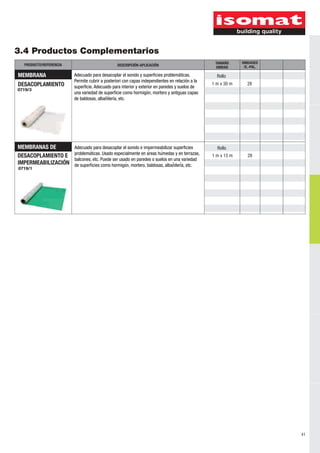 0719/1
1 m x 15 m
Rollo
28
3.4 Productos Complementarios
MEMBRANA
DESACOPLAMIENTO
0719/3
Adecuado para desacoplar el sonido y superficies problemáticas.
Permite cubrir a posteriori con capas independientes en relación a la
superficie. Adecuado para interior y exterior en paredes y suelos de
una variedad de superficie como hormigón, mortero y antiguas capas
de baldosas, albañilería, etc.
1 m x 30 m
Rollo
28
Adecuado para desacoplar el sonido e impermeabilizar superficies
problemat́ icas. Usado especialmente en aŕ eas huḿ edas y en terrazas,
balcones, etc. Puede ser usado en paredes o suelos en una variedad
de superficies como hormigoń , mortero, baldosas, albanĩ leriá , etc.
TAMAÑO
UNIDAD
DESCRIPCIÓN-APLICACIÓNPRODUCTO/REFERENCIA
UNIDADES
/E.-PAL.
41
MEMBRANAS DE
DESACOPLAMIENTO E
IMPERMEABILIZACIÓN
 