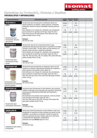 59
Materiales de Proteccioń , Pinturas y Masillas
PINTURAS EPOXI Y IMPRIMACIONES
EPOXYCOAT-AC
0413/1
39
726
8 kg
3 kg
(A+B) (A+B) (A+B)
(A+B) (A+B)
Recubrimiento epoxi
bicomponente anticorrosivo
EPOXYCOAT-VSF
0406/1
3910 kg
(A+B) (A+B)
Recubrimiento epoxi
bicomponente para ambientes
quiḿ icos agresivos
Recubrimiento epoxi bicomponente sin disolventes. Aporta una alta
resistencia a la abrasioń . Especialmente disenã dos para resistencia a
efectos quiḿ icos como petroĺ eo, ać idos, aĺ calis, etc.
Está certificado con el marcado CE y clasificado como revestimiento
para la protección de superficies de hormigón, según EN 1504-2.
Color: RAL 7032 (gris arena). Otros colores RAL bajo pedido (cantidad
miń ima 120 kg).
Consumo:
2
200-300 g/m /capa.
Imprimacioń epoxi bicomponente en base disolvente, para superficies
metaĺ icas. Usado solo es muy adecuado como capa final o imprimacioń
anticorrosiva de EPOXYCOAT-W, EPOXYCOAT-VSF, EPOXYCOAT y
EPOXYCOAT-S.
Está clasificado como producto para la protección contra la corrosión
de las armaduras del hormigón, según EN 1504-7.
Color: RAL 3009 (marrón rojizo), RAL 7040 (gris). Otros colores RAL
bajo pedido (cantidad mínima 120 kg).
Consumo:
2
150-200 g/m /capa.
UNIDADES
/E.-PAL.
TAMAÑO
UNIDAD
DESCRIPCIÓN-APLICACIÓNPRODUCTO/REFERENCIA
UNIDADES
/CAJA
EPOXYCOAT-W
0420/1
9 kg
3 kg
(A+B)
(A+B)
Recubrimiento epoxi
bicomponente en base
acuosa
EPOXYCOAT-S
0406/1
9,6 kg
6
6
2 kg
2 kg
(A+B)
(A+B)
(A+B)
39
72
72
(A+B)
(A+B)
(A+B)
39
72
(A+B)
(A+B)
(A+B)
(A+B)
Recubrimiento epoxi
bicomponente adecuado
para piscinas
Recubrimiento epoxi de dos componentes basado en agua.
Especialmente adecuado para imprimación en superficies de hormigón
húmedas o frescas (edad < 28 días). Aporta una alta resistencia a la
abrasión, efectos químicos y condiciones ambientales.
Está certificado con el marcado CE y clasificado como revestimiento
para la protección de superficies de hormigón, según EN 1504-2.
Color: RAL 7035 (gris claro), RAL 1015 (beige). Otros colores RAL bajo
pedido (cantidad mínima 120 kg).
Consumo:
2
200-300 g/m /capa.
Recubrimiento epoxi bicomponente con disolventes. Aporta una
elevada resistencia a la abrasioń , a efectos quiḿ icos y condiciones
ambientales, ademaś de mejorar la flexibilidad. Ideal para pintar las
piscinas.
Está certificado con el marcado CE y clasificado como revestimiento
para la protección de superficies de hormigón, según EN 1504-2.
Color: Azul de piscina, RAL 9003 (blanco). Otros colores RAL bajo
pedido (cantidad mínima 144 kg).
Consumo:
2
200-300 g/m /capa.
DUROFLOOR-BI
0403/2
10 kg
4 kg
48
105
(A+B)
(A+B)
(A+B)
(A+B)
Impregnacioń epoxi incolora
bicomponente
Resina epoxi inoclora bicomponente, en base disolvente. Usado como
impregnacioń en superficies de base cementosa que aportan una alta
estabilidad y una resistencia a la abrasioń . Previene la creacioń de
polvo en la superficies del suelo. Tambień usada como imprimacioń
en EPOXYCOAT-VSF, EPOXYCOAT y EPOXYCOAT-S.
Clasificado como tipo SR-B2,0 según EN 13813.
Consumo:
2
150-250 g/m /capa.
 