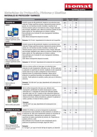 61
Materiales de Proteccioń , Pinturas y Masillas
MATERIALES DE PROTECCIOŃ Y BARNICES
UNIDADES
/E.-PAL.
TAMAÑO
UNIDAD
DESCRIPCIÓN-APLICACIÓNPRODUCTO/REFERENCIA
UNIDADES
/CAJA
0228/1
NANOPRO-M
0228/1
NANOPRO-L
VS-W es un barniz acrílico en base agua, con estructura nano-
molecular, de color transparente y listo para su uso. VS-W es apto para
su aplicación en superficies de cemento, resaltando el color original del
soporte sobre el que se aplica, protegiendo al mismo tiempo la
superficie frente a la contaminación ambiental. Idóneo para la
protección de superficies decoradas con acabados de morteros de
cemento. Puede aplicarse en paredes y suelos, para uso en interiores y
exteriores.
2
Consumo: 150-200 ml/m por capa, dependiendo de la absorpción de
la superficie.
VS-W
0216/6
Barniz acrílico en
base agua
VS-1
0216/6
20 l
5 l
1 l
20 l
5 l
1 l
20 l
10 l
5 l
1 l
4 l
1 l
Barniz acrílico para piedra
Barniz acriĺ ico transparente, listo para usar, utilizado como
impregnante y abrillantador de piedra natural (pizarra o piedra
sinterizada etc.) y materiales de construccioń artificiales (ladrillo
decorativo, tejas, etc.) VS-1 muestra el color natural del material en
donde es aplicado, protegiendo al mismo tiempo las superficies de la
influencia de la lluvia, efectos atmosfeŕ icos y polucioń . Es aplicado en
suelos y paredes, en aŕ eas de interior y exterior.
Consumo:
2
150-200 ml/m por capa, dependiendo de la absorpción de la
superficie.
Íuevo
0227/6
VARNISH-PU 2K Mat 5 kg
1 kg
Barniz transparente de
poliuretano bicomponente
en base disolvente
VARNISH-PU 2K Mat es una barniz transparente de poliuretano
bicomponente en base disolvente, de alta resistencia a la abrasión y a
la radicación UV. Apto como revestimiento protector en recrecidos de
cemento decorativos. Adecuado para su aplicación en piedra,
superficies de madera, pavimentos de cemento, etc. Proporciona un
acabado uniforme y mate.
Está certificado con el marcado CE como revestimiento para la
protección de superficies de hormigón, según EN 1504-2.
Consumo:
2
0,1-0,2 kg/m , por capa en función del tipo de soporte y su absorción.
Emulsioń acuosa de alta penetracioń , basada en una estructura nano
molecular. Protege superficies porosas y ligeramente porosas (maŕ mol,
granito, etc.) de manchas de aceite, humedad y manchas de sal
mientras previene contra el crecimiento de moho y hongos. Adecuado
para hormigoń , albanĩ leriá , yeso, relleno de ceraḿ icas, paneles de yeso,
piedra natural, etc. Para aplicaciones en el interior y exterior.
Está certificado con el marcado CE como impregnación hidrofóbica,
según EN 1504-2.
Color: Blanco (transparente después de secado).
2
Consumo: 50-70 ml/m , dependiendo de la absorción de la superficie.
Nano-impregnación para
proteger superficies contra
aceites
Emulsioń acuosa de alta penetracioń , basada en una estructura nano
molecular. Protege superficies porosas y ligeramente porosas (maŕ mol,
granito, etc.) de manchas de aceite, humedad y manchas de sal
mientras previene contra el crecimiento de moho y hongos. Adecuado
para hormigoń , albanĩ leriá , yeso, relleno de ceraḿ icas, paneles de yeso,
piedra natural, etc. Para aplicaciones en el interior y exterior.
Está certificado con el marcado CE como impregnación hidrofóbica,
según EN 1504-2.
Color: Blanco (transparente después de secado).
2
Consumo: 50-100 ml/m , dependiendo de la absorción de la superficie.
Nano-impregnación para
proteger superficies contra
aceites
72
324
39
39
72
324
324
39
39
72
180
72
288
72
4
12
4
12
12
4
12
4
12
4
 