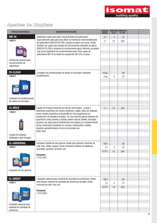 FD-CLEAN
1403/1
Limpiador de aceites/grasas
de suelos de hormigón
SM-16
1407/1
Disolvente especial para
recubrimientos de
poliuretano
Limpiador de aceites/grasas de suelos de hormigón mediante
emulsificación.
Disolvente usado para diluir recubrimientos de poliuretano.
Especialmente adecuado para diluir la membrana impermeabilizante
de poliuretano ISOFLEX-PU 500, cuando se aplica con spray. Puede
tambień ser usado para limpiar las herramientas utilizadas al aplicar
ISOFLEX-PU 500 y residuos de recubrimiento epoxi. Ademaś , se puede
usar como disolvente de recubrimientos epoxi. Para capas de
poliuretano SM-16 se añade en proporcioń del 10% en peso.
CL-UNIVERSAL
1402/1
CL-GROUT
1402/1
Limpiador de uso general
Limpiador especial para
material de rejuntado de
cerámicas.
Limpiador líquido de uso general. Usado para eliminar manchas de
café, vino, aceite, grasas y otras manchas similares de baldosas,
mármoles, granitos, formicas, etc.
Consumo:
2
1 l/15-20m .
Limpiador especial para material de rejuntado de cerámicas. Usado
para limpiar material de rejuntado de cerámicas de sales, moho,
manchas de café, vino, etc.
Consumo:
2
1 l/15-20m .
UNIDADES
/E.-PAL.
TAMAÑO
UNIDAD
DESCRIPCIÓN-APLICACIÓNPRODUCTO/REFERENCIA
UNIDADES
/CAJA
CL-MOLD
1402/1
18 kg
4 kg
5 l
*20 l
5 l
0,75 l
*20 l
5 l
0,75 l
1 l
1 l
4
4
4
12
4
12
12
12
39
72
72
39
72
324
39
72
324
324
324
63
Liquido de limpieza
antifúngico (anti-hongos)
Agentes de Limpieza
Líquido de limpieza especial con acción anti hongos. Limpia y
desinfecta superficies de mohos, bacterias y algas. Debe ser aplicado
como medida preventiva al desarrollo de microorganismos en
condiciones de elevada humedad. Es muy efectivo para la limpieza de
superficies como paredes y techos, piedra natural, ladrillo, hormigón,
piscinas, etc. Apto para la desinfección de hongos y en mantenimiento
de las condiciones sanitarias en cocinas, restaurantes, hoteles,
industria agroalimentaria, hornos comerciales etc.
Color: Azul.
 