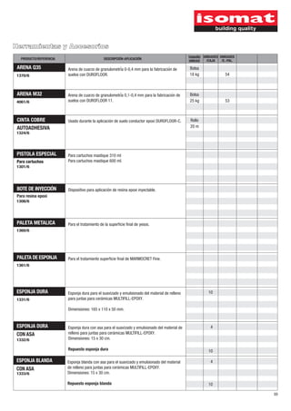 Herramientas y Accesorios
89
1301/6
PISTOLA ESPECIAL
Para cartuchos
1370/6
4061/6
ARENA Q35
ARENA M32
54
53
Bolsa
Bolsa
18 kg
25 kg
1324/6
CINTA COBRE
AUTOADHESIVA 20 m
Rollo
1308/6
1360/6
1361/6
1331/6
1332/6
1333/6
BOTE DE INYECCIÓN
PALETA METALICA
PALETA DE ESPONJA
ESPONJA DURA
ESPONJA DURA
CON ASA
ESPONJA BLANDA
CON ASA
10
10
4
10
4Esponja blanda con asa para el suavizado y emulsionado del material
de relleno para juntas para cerámicas MULTIFILL-EPOXY.
Dimensiones: 15 x 30 cm.
Repuesto esponja blanda
Esponja dura con asa para el suavizado y emulsionado del material de
relleno para juntas para cerámicas MULTIFILL-EPOXY.
Dimensiones: 15 x 30 cm.
Repuesto esponja dura
Esponja dura para el suavizado y emulsionado del material de relleno
para juntas para cerámicas MULTIFILL-EPOXY.
Dimensiones: 165 x 110 x 50 mm.
Para el tratamiento de la superficie final de yesos.
Usado durante la aplicación de suelo conductor epoxi DUROFLOOR-C.
Arena de cuarzo de granulometriá 0,1-0,4 mm para la fabricacioń de
suelos con DUROFLOOR 11.
Arena de cuarzo de granulometriá 0-0,4 mm para la fabricacioń de
suelos con DUROFLOOR.
Para cartuchos mastique 310 ml
Para cartuchos mastique 600 ml.
Para el tratamiento superficie final de MARMOCRET Fine.
Dispositivo para aplicación de resina epoxi inyectable.
UNIDADES
/E.-PAL.
TAMAÑO
UNIDAD
DESCRIPCIÓN-APLICACIÓNPRODUCTO/REFERENCIA
UNIDADES
/CAJA
Para resina epoxi
 