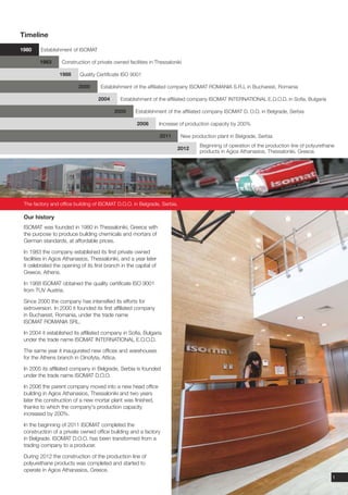 Timeline

1980     Establishment of ISOMAT

        1983       Construction of private owned facilities in Thessaloniki

                 1988      Quality Certificate ISO 9001

                           2000      Establishment of the affiliated company ISOMAT ROMANIA S.R.L in Bucharest, Romania

                                    2004      Establishment of the affiliated company ISOMAT INTERNATIONAL E.O.O.D. in Sofia, Bulgaria

                                            2005      Establishment of the affiliated company ISOMAT D. O.O. in Belgrade, Serbia

                                                      2008         Increase of production capacity by 200%

                                                                   2011     New production plant in Belgrade, Serbia
                                                                                    Beginning of operation of the production line of polyurethane
                                                                          2012
                                                                                    products in Agios Athanasios, Thessaloniki, Greece.




 The factory and office building of ISOMAT D.O.O. in Belgrade, Serbia.

 Our history
 ISOMAT was founded in 1980 in Thessaloniki, Greece with
 the purpose to produce building chemicals and mortars of
 German standards, at affordable prices.

 In 1983 the company established its first private owned
 facilities in Agios Athanasios, Thessaloniki, and a year later
 it celebrated the opening of its first branch in the capital of
 Greece, Athens.

 In 1988 ISOMAT obtained the quality certificate ISO 9001
 from TUV Austria.

 Since 2000 the company has intensified its efforts for
 extroversion. In 2000 it founded its first affiliated company
 in Bucharest, Romania, under the trade name
 ISOMAT ROMANIA SRL.

 In 2004 it established its affiliated company in Sofia, Bulgaria
 under the trade name ISOMAT INTERNATIONAL E.O.O.D.

 The same year it inaugurated new offices and warehouses
 for the Athens branch in Oinofyta, Attica.

 In 2005 its affiliated company in Belgrade, Serbia is founded
 under the trade name ISOMAT D.O.O.

 In 2006 the parent company moved into a new head office
 building in Agios Athanasios, Thessaloniki and two years
 later the construction of a new mortar plant was finished,
 thanks to which the company's production capacity
 increased by 200%.

 In the beginning of 2011 ISOMAT completed the
 construction of a private owned office building and a factory
 in Belgrade. ISOMAT D.O.O. has been transformed from a
 trading company to a producer.

 During 2012 the construction of the production line of
 polyurethane products was completed and started to
 operate in Agios Athanasios, Greece.
                                                                                                                                                1
 