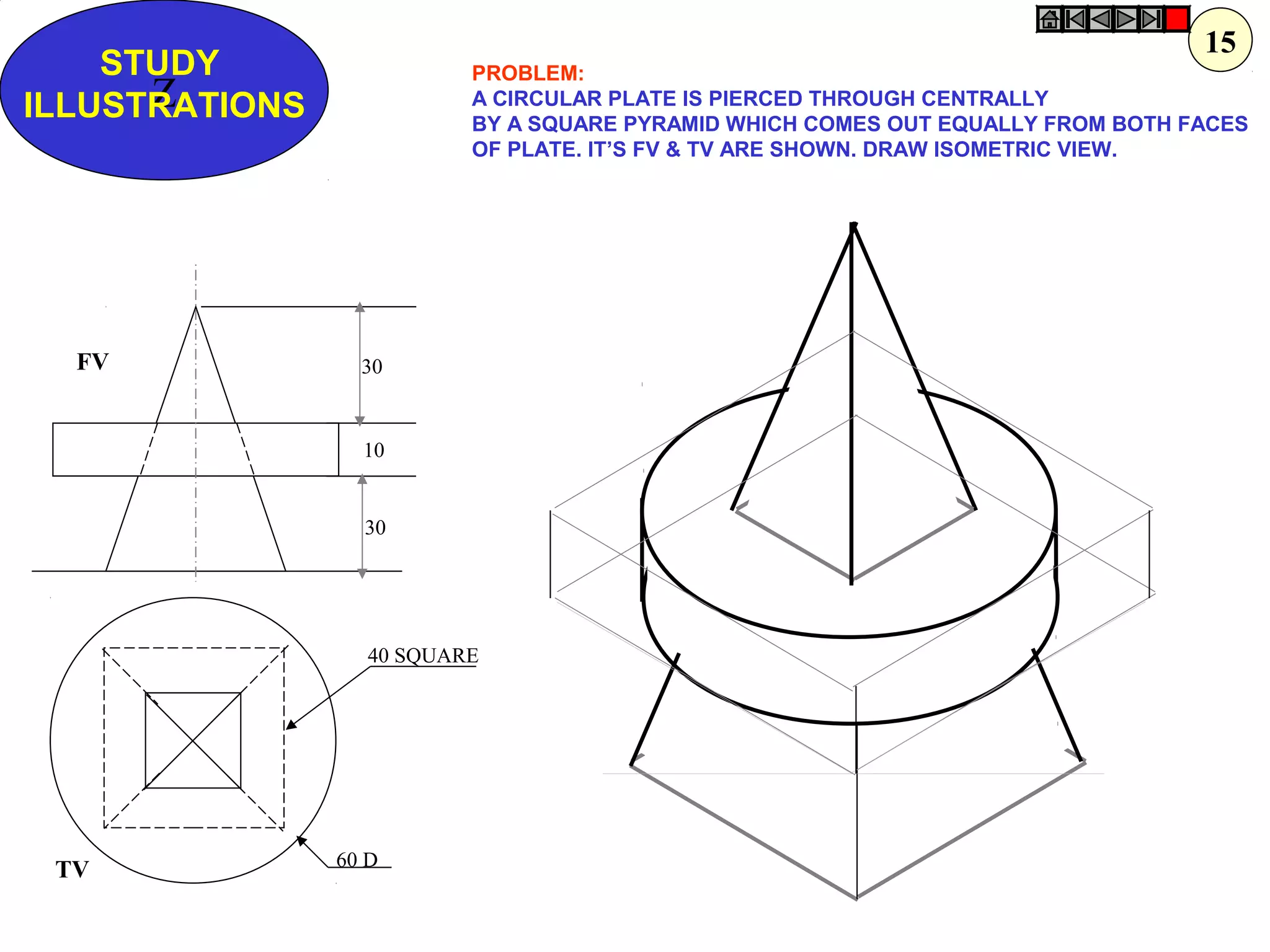 Z
STUDY
ILLUSTRATIONS
30
10
30
60 D
40 SQUARE
FV
TV
PROBLEM:
A CIRCULAR PLATE IS PIERCED THROUGH CENTRALLY
BY A SQUARE PYRAMID WHICH COMES OUT EQUALLY FROM BOTH FACES
OF PLATE. IT’S FV & TV ARE SHOWN. DRAW ISOMETRIC VIEW.
15
 