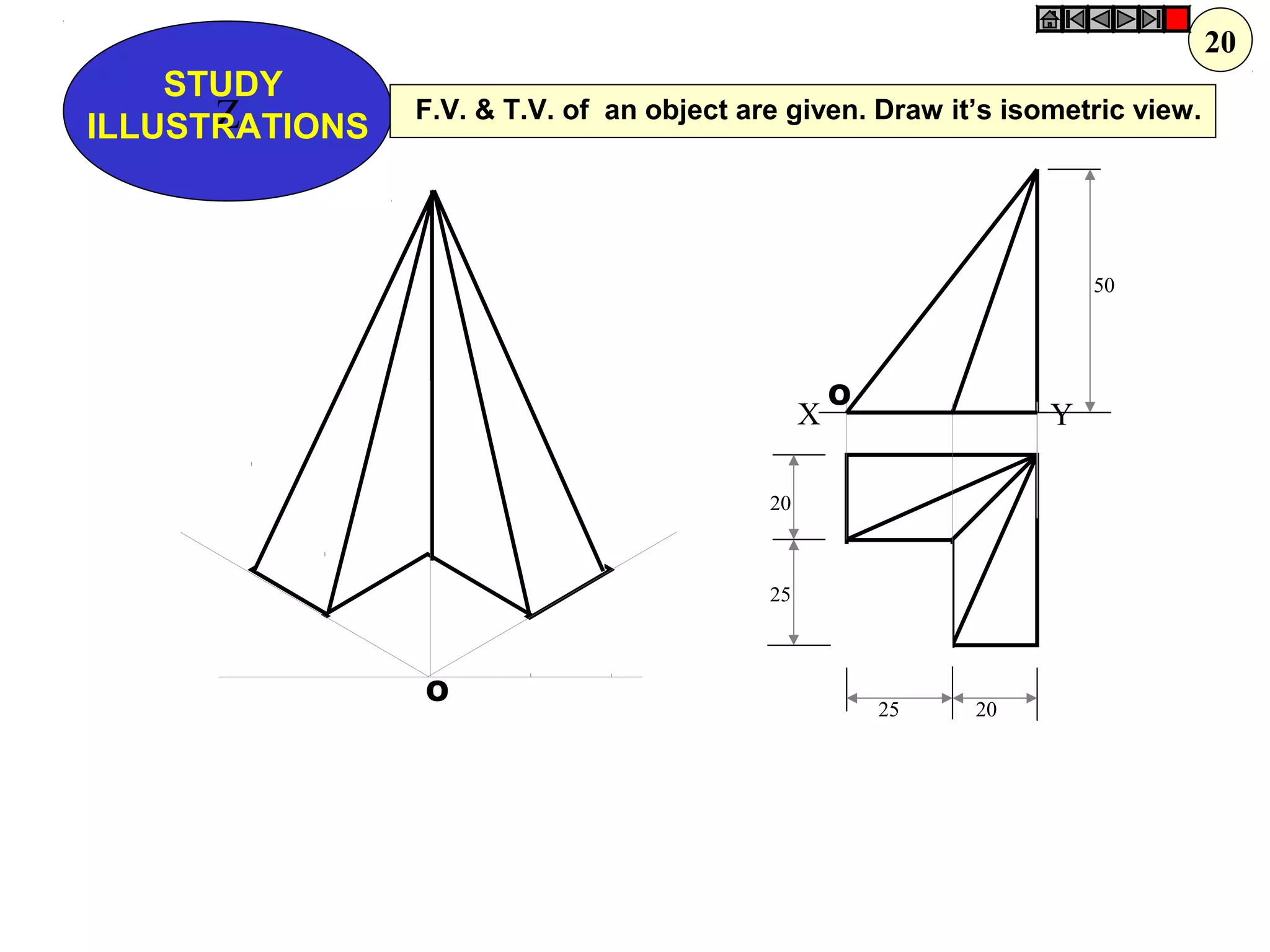 Z
STUDY
ILLUSTRATIONS
X Y
50
20
25
25 20
O
O
F.V. & T.V. of an object are given. Draw it’s isometric view.
20
 
