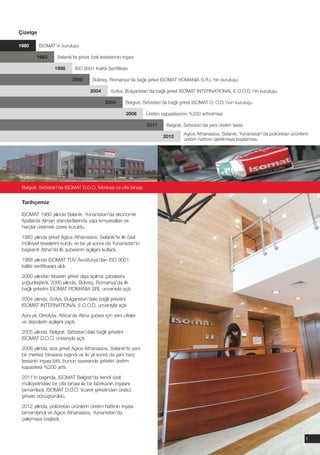 Çizelge

1980      ISOMAT'ın kuruluşu

        1983       Selanik'te şirket özel tesislerinin inşası

                  1988       ISO 9001 Kalite Sertifikası

                           2000       Bükreş, Romanya'da bağlı şirket ISOMAT ROMANIA S.R.L'nin kuruluşu

                                     2004       Sofya, Bulgaristan'da bağlı şirket ISOMAT INTERNATIONAL E.O.O.D.'nin kuruluşu

                                             2005        Belgrat, Sırbistan'da bağlı şirket ISOMAT D. O.O.'nun kuruluşu

                                                         2008      Üretim kapasitesinin %200 arttırılması

                                                                   2011     Belgrat, Sırbistan'da yeni üretim tesisi
                                                                                     Agios Athanasios, Selanik, Yunanistan'da poliüretan ürünlerin
                                                                           2012
                                                                                     üretim hattının işletilmeye başlaması.




 Belgrat, Sırbistan'da ISOMAT D.O.O. fabrikası ve ofis binası.


 Tarihçemiz

 ISOMAT 1980 yılında Selanik, Yunanistan'da ekonomik
 fiyatlarda Alman standartlarında yapı kimyasalları ve
 harçlar üretmek üzere kuruldu.

 1983 yılında şirket Agios Athanasios, Selanik'te ilk özel
 mülkiyet tesislerini kurdu ve bir yıl sonra da Yunanistan'ın
 başkenti Atina'da ilk şubesinin açılışını kutladı.

 1988 yılında ISOMAT TUV Avusturya'dan ISO 9001
 kalite sertifikasını aldı.

 2000 yılından itibaren şirket dışa açılma çabalarını
 yoğunlaştırdı. 2000 yılında, Bükreş, Romanya'da ilk
 bağlı şirketini ISOMAT ROMANIA SRL unvanıyla açtı.

 2004 yılında, Sofya, Bulgaristan'daki bağlı şirketini
 ISOMAT INTERNATIONAL E.O.O.D. unvanıyla açtı.

 Aynı yıl, Oinofyta, Attica'da Atina şubesi için yeni ofisler
 ve depoların açılışını yaptı.

 2005 yılında, Belgrat, Sırbistan'daki bağlı şirketini
 ISOMAT D.O.O. unvanıyla açtı.

 2006 yılında, ana şirket Agios Athanasios, Selanik'te yeni
 bir merkez binasına taşındı ve iki yıl sonra da yeni harç
 tesisinin inşası bitti, bunun sayesinde şirketin üretim
 kapasitesi %200 arttı.

 2011'in başında, ISOMAT Belgrat'da kendi özel
 mülkiyetindeki bir ofis binası ile bir fabrikanın inşasını
 tamamladı. ISOMAT D.O.O. ticaret şirketinden üretici
 şirkete dönüştürüldü.

 2012 yılında, poliüretan ürünlerin üretim hattının inşası
 tamamlandı ve Agios Athanasios, Yunanistan'da
 çalışmaya başladı.


                                                                                                                                                1
 