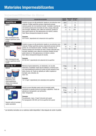 Materiales Impermeabilizantes
Impermeabilizantes de Muros
      PRODUCTO/REFERENCIA                            DESCRIPCIÓN-APLICACIÓN                              TAMAÑO UNIDADES UNIDADES
                                                                                                         UNIDAD  /CAJA    /E.-PAL.

 NANOPRO-M                     Emulsión de agua con alta penetración, basada en una estructura nano        220 l             2
  0228/1                       molecular. Protege superficies porosas y ligeramente porosas
                                                                                                            20 l            39
                               (mármol, granito, etc.) de manchas de aceite , humedad y manchas de
                               sal mientras previene del crecimiento de moho y hongos. Adecuado              5l      4      72
                               para hormigón, albañilería, yeso, relleno de cerámicas, paneles de            1l    12      324
                               yeso, piedra natural, etc. Para aplicaciones en el interior y exterior.
                               Color: Blanco (transparente después de secado).

                               Consumo:
 Nano-impregnación para        50-70 ml/m2, dependiendo de la absorción de la superficie
 proteger superficies contra
 aceites

 NANOPRO-L                     Emulsión de agua con alta penetración, basada en una estructura nano         20 l             39
  0228/1                       molecular. Protege superficies porosas y ligeramente porosas (mármol,         5l      4       72
                       Íuevo   granito, etc.) de manchas de aceite , humedad y manchas de sal
                               mientras previene del crecimiento de moho y hongos. Adecuado para             1l    12       324
                               hormigón, albañilería, yeso, relleno de cerámicas, paneles de yeso,
                               piedra natural, etc. Para aplicaciones en el interior y exterior.
                               Color: Blanco (transparente después de secado).

                               Consumo:
 Nano-impregnación para
                               50-100 ml/m2, dependiendo de la absorción de la superficie
 proteger superficies contra
 aceites

  ISOMAT    SL 17              Membrana líquida elastomérica, sin disolventes, con una alta               15 kg             36
  0523/3                       elasticidad y durabilidad. Usada bajo las baldosas y cerámicas para          5 kg            96
                               una impermeabilización perfecta sin juntas de áreas sanitarias como
                               baños, duchas, etc. Puede ser aplicado por rodillo o espátula en
                               hormigón, yeso, enlucidos, etc.
                               Color: Gris.

  Membrana líquida             Consumo:
  elastomérica para            1,0-1,5 kg/m2, dependiendo de la naturaleza de la superficie
  impermeabilización
  debajo de las baldosas
  y cerámicas
     AQUAMAT-F                 Solución acuosa silicatada usada contra la humedad capilar                *170 kg              3
  0215/1                       ascendente en paredes hechas de hormigón o albañilería. Puede ser
                                                                                                          25 kg             26
                               aplicado por impregnación o por perforación.
                               Color: Transparente.                                                         6 kg     4      72

                               Consumo:
                               Por perforación: Aprox. 18 kg/m2 del ancho de la pared
                               Por impregnación: 200-300 g/m2 de la superficie de la pared
  Solución contra la humedad
  capilar ascendente



* Los tamaños marcados con un asterisco están disponibles 3 días después de recibir el pedido




10
 