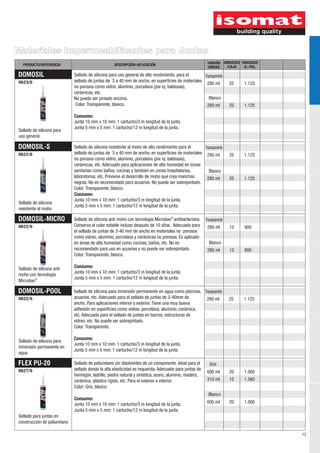 Materiales Impermeabilizantes para Juntas
  PRODUCTO/REFERENCIA                               DESCRIPCIÓN-APLICACIÓN                                TAMAÑO UNIDADES UNIDADES
                                                                                                          UNIDAD  /CAJA    /E.-PAL.

DOMOSIL                       Sellado de silicona para uso general de alto rendimiento, para el     Transparente
0623/6                        sellado de juntas de 3 a 40 mm de ancho, en superficies de materiales
                                                                                                     280 ml             25   1.125
                              no porosos como vidrio, aluminio, porcelana (por ej. baldosas),
                              cerámicas, etc.
                              No puede ser pintado encima.                                             Blanco
                               Color: Transparente, blanco.                                          280 ml             25   1.125

                              Consumo:
                              Junta 10 mm x 10 mm: 1 cartucho/3 m longitud de la junta.
                              Junta 5 mm x 5 mm: 1 cartucho/12 m longitud de la junta.
Sellado de silicona para
uso general.

DOMOSIL-S                     Sellado de silicona resistente al moho de alto rendimiento para el    Transparente
0622/6                        sellado de juntas de 3 a 40 mm de ancho, en superficies de materiales 280 ml              25   1.125
                              no porosos como vidrio, aluminio, porcelana (por ej. baldosas),
                              cerámicas, etc. Adecuado para aplicaciones de alta humedad en zonas
                              sanitarias como baños, cocinas y también en zonas hospitalarias,         Blanco
                              laboratorios, etc. Previene el desarrollo de moho que crea manchas     280 ml             25   1.125
                              negras. No es recomendado para acuarios. No puede ser sobrepintado.
                              Color: Transparente, blanco.
                              Consumo:
                              Junta 10 mm x 10 mm: 1 cartucho/3 m longitud de la junta.
Sellado de silicona
                              Junta 5 mm x 5 mm: 1 cartucho/12 m longitud de la junta.
resistente al moho

DOMOSIL-MICRO                 Sellado de silicona anti moho con tecnología Microban® antibacteriana.     Transparente
0622/6                        Conserva el color estable incluso después de 10 años. Adecuado para         280 ml        12   900
                              el sellado de juntas de 3-40 mm de ancho en materiales no porosos
                              como vidreo, aluminio, porcelana y cerámicas no porosas. Es aplicado
                              en áreas de alta humedad como cocinas, baños, etc. No es                     Blanco
                              recomendado para uso en acuarios y no puede ser sobrepintado.               280 ml        12   900
                              Color: Transparente, blanco.

Sellado de silicona anti      Consumo:
                              Junta 10 mm x 10 mm: 1 cartucho/3 m longitud de la junta.
moho con tecnología
                              Junta 5 mm x 5 mm: 1 cartucho/12 m longitud de la junta.
Microban®

DOMOSIL-POOL                  Sellado de silicona para inmersión permanente en agua como piscinas, Transparente
0622/6                        acuarios, etc. Adecuado para el sellado de juntas de 3-40mm de        280 ml              25   1.125
                              ancho. Para aplicaciones interior y exterior. Tiene una muy buena
                              adhesión en superficies como vidreo, porcelana, aluminio, cerámica,
                              etc. Adecuado para el sellado de juntas en barcos, estructuras de
                              vidreo, etc. No puede ser sobrepintado.
                              Color: Transparente.

                              Consumo:
Sellado de silicona para
                              Junta 10 mm x 10 mm: 1 cartucho/3 m longitud de la junta.
inmersión permanente en
                              Junta 5 mm x 5 mm: 1 cartucho/12 m longitud de la junta.
agua

FLEX PU-20                    Sellado de poliuretano sin disolventes de un componente. Ideal para el       Gris
0627/6                        sellado donde la alta elasticidad es requerida. Adecuado para juntas de
                                                                                                          600 ml        20   1.000
                              hormigón, ladrillo, piedra natural y sintetica, acero, aluminio, madera,
                              cerámica, plástico rígido, etc. Para el exterior e interior.                310 ml        12   1.560
                              Color: Gris, blanco.
                                                                                                           Blanco
                              Consumo:
                              Junta 10 mm x 10 mm: 1 cartucho/3 m longitud de la junta.                   600 ml        20   1.000
                              Junta 5 mm x 5 mm: 1 cartucho/12 m longitud de la junta.
Sellado para juntas en
construcción de poliuretano

                                                                                                                                      13
 