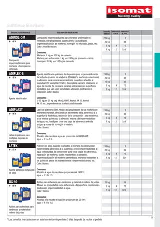 Aditivos Mortero
    PRODUCTO/REFERENCIA                                DESCRIPCIÓN-APLICACIÓN                               TAMAÑO UNIDADES UNIDADES
                                                                                                            UNIDAD  /CAJA    /E.-PAL.

  ADINOL-DM                     Compuesto impermeabilizante para morteros y hormigón no                     220 kg               2
  0110/1                        reforzado, con propiedades plastificantes. Es usado para                     20 kg             39
                                impermeabilización de morteros, hormigón no reforzado, yesos, etc.
                                Color: Amarillo oscuro.                                                       5 kg      4      72
                                                                                                              1 kg    12      324
                                Consumo:
                                Morteros: 1 kg por 100 kg de cemento
                                Mortero para enfoscados: 1 kg por 100 kg de (cemento+caliza).
  Compuesto                     Hormigón: 0,8 kg por 100 kg de cemento
  impermeabilizante para
  morteros y hormigón no
  reforzado.

  ADIFLEX-B                     Agente elastificante-polímero de dispersión para impermeabilización         150 kg               3
  0113/1                        de lechadas (cuando es añadido a AQUAMAT o morteros cementosos)              20 kg             39
                                o adhesivos para cerámicas cementosos (cuando es añadido al
                                                                                                             10 kg             36
                                Isomat AK 20, Isomat AK 10 etc.). Reemplaza parcial o totalmente el
                                agua de mezcla. Es necesario para las aplicaciones en superficies             5 kg      4      72
                                inestables, que van a ser sometidas a vibración, contracción o                1 kg    12      324
                                expansión. Color: Blanco.

  Agente elastificador          Consumo:
                                5-10 kg per 25 kg bag of AQUAMAT, Isomat AK 20, Isomat
                                AK 10 etc., dependiendo de la elasticidad deseada

  ADIPLAST                      Latex de polímero (SBR). Mejora las propiedades de los morteros en          150 kg               3
  0114/1                        diferentes maneras, ofreciendo un incremento de la adherencia a la
                                                                                                             20 kg             39
                                superficie y flexibilidad, reducción de la contracción , alta resistencia
                                a los efectos químicos y la abrasión, mejora a la impermeabilidad             5 kg     4       72
                                del agua, etc. Ideal para crear una capa de adherencia entre la               1 kg    12      324
                                antigua y nueva del hormigón o mortero.
                                Color: Blanco.

                                Consumo:
  Latex de polímero para        Añadido a la mezcla de agua en proporción del ADIPLAST :
  múltiples mejoras de          agua = 1:1 a 1:5.
  morteros

 LATEX                          Polímero de latex. Cuando es añadido al mortero de construcción             150 kg               3
  0127/1                        incrementa la adherencia a la superficie, provee impermeabilidad al
                                                                                                             20 kg             39
                                agua y elasticidad. Es conveniente para crear capas de adherencia,
                                reparación de morteros, suelos resistentes a la abrasión,                     5 kg      4      72
                                impermeabilización de morteros cementosos, morteros resistentes a             1 kg    12       324
                                los químicos, yesos de alta resistencia e impermeabilizantes, etc.
                                Color: Blanco.

  Agente adhesivo-compuesto Consumo:
  de latex                  Añadido al agua de mezcla en proporción del LATEX :
                            agua = 1:1 to 1:5.

  DS-99                         Aditivo para adhesivos para cerámicas y material de relleno de juntas.       20 kg             39
  0116/1                        Mejora las propiedades como adherencia a la superficie, resistencia a         5 kg      4      72
                                la abrasión, impermeabilidad al agua.
                                Color: Blanco.                                                                1 kg    12      324

                                Consumo:
                                Añadido a la mezcla de agua en proporción de DS-99 :
                                agua = 1:1 to 1:2.
  Aditivo para adhesivos para
  cerámicas y material de
  relleno de juntas

                                                                                                                                        23
* Los tamaños marcados con un asterisco están disponibles 3 días después de recibir el pedido
 