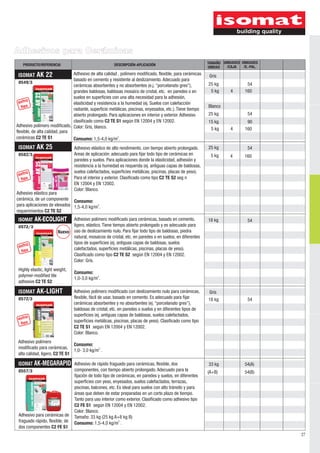 Adhesivos para Cerámicas
   PRODUCTO/REFERENCIA                                 DESCRIPCIÓN-APLICACIÓN                               TAMAÑO UNIDADES UNIDADES
                                                                                                            UNIDAD  /CAJA    /E.-PAL.

 ISOMAT    AK 22                Adhesivo de alta calidad , polímero modificado, flexible, para cerámicas     Gris
                                basado en cemento y resistente al deslizamiento. Adecuado para
  0549/3                                                                                                    25 kg              54
                                cerámicas absorbentes y no absorbentes (e.j. “porcelanato gres”),
                                grandes baldosas, baldosas mosaico de cristal, etc. en paredes o en          5 kg      4      160
                                suelos en superficies con una alta necesidad para la adhesión,
  extra                         elasticidad y resistencia a la humedad (ej. Suelos con calefacción
   flex                         radiante, superficie metálicas, piscinas, enyesados, etc.). Tiene tiempo
                                                                                                            Blanco
                                abierto prolongado. Para aplicaciones en interior y exterior. Adhesivo      25 kg              54
                                clasificado como C2 TE S1 según EN 12004 y EN 12002.                        15 kg              90
Adhesivo polímero modificado, Color: Gris, blanco.
                                                                                                             5 kg      4      160
flexible, de alta calidad, para
cerámicas C2 TE S1              Consumo: 1,5-4,0 kg/m2.
 ISOMAT    AK 25                 Adhesivo elástico de alto rendimiento, con tiempo abierto prolongado.      25 kg              54
 0582/3                          Areas de aplicación: adecuado para fijar todo tipo de cerámicas en          5 kg      4      160
                                 paredes y suelos. Para aplicaciones donde la elasticidad, adhesión y
                                 resistencia a la humedad es requerida (ej. antiguas capas de baldosas,
                                 suelos calefactados, superficies metálicas, piscinas, placas de yeso).
 extra
  flex                           Para el interior y exterior. Clasificado como tipo C2 TE S2 segœn
                                 EN 12004 y EN 12002.
                                 Color: Blanco.
Adhesivo elástico para
cerámica, de un componente Consumo:
para aplicaciones de elevados 1,5-4,0 kg/m2.
requerimientos C2 TE S2
 ISOMAT AK-ECOLIGHT              Adhesivo polímero modificado para cerámicas, basado en cemento,            18 kg              54
 0572/3                          ligero, elástico. Tiene tiempo abierto prolongado y es adecuado para
                        Íuevo    uso de deslizamiento nulo. Para fijar todo tipo de baldosas, piedra
                                 natural, mosaicos de cristal, etc. en paredes o en suelos, en diferentes
                                 tipos de superficies (ej. antiguas capas de baldosas, suelos
 extra                           calefactados, superficies metálicas, piscinas, placas de yeso).
  flex
                                 Clasificado como tipo C2 TE S2 según EN 12004 y EN 12002.
                                 Color: Gris.
 Highly elastic, light weight,
                                 Consumo:
 polymer-modified tile
                                 1,0-3,0 kg/m2.
 adhesive C2 TE S2

 ISOMAT    AK-LIGHT              Adhesivo polímero modificado con deslizamiento nulo para cerámicas,         Gris
 0572/3                          flexible, fácil de usar, basado en cemento. Es adecuado para fijar         18 kg              54
                                 cerámicas absorbentes y no absorbentes (ej. “porcelanato gres”),
                                 baldosas de cristal, etc. en paredes o suelos y en diferentes tipos de
                                 superficies (ej. antiguas capas de baldosas, suelos calefactados,
 extra                           superficies metálicas, piscinas, placas de yeso). Clasificado como tipo
  flex
                                 C2 TE S1 según EN 12004 y EN 12002.
                                 Color: Blanco.
 Adhesivo polímero
                                Consumo:
 modificado para cerámicas,
                                1,0- 3,0 kg/m2 .
 alta calidad, ligero, C2 TE S1

 ISOMAT AK-MEGARAPID Adhesivo de rápido fraguado para cerámicas, flexible, dos                              33 kg             54(A)
 0557/3                          componentes, con tiempo abierto prolongado. Adecuado para la               (A+B)             54(B)
                                 fijación de todo tipo de cerámicas, en paredes y suelos, en diferentes
                                 superficies con yeso, enyesados, suelos calefactados, terrazas,
                                 piscinas, balcones, etc. Es ideal para suelos con alto tránsito y para
                                 áreas que deben de estar preparadas en un corto plazo de tiempo.
                                 Tanto para uso interior como exterior. Clasificado como adhesivo tipo
                                 C2 FE S1 según EN 12004 y EN 12002.
                                 Color: Blanco.
 Adhesivo para cerámicas de      Tamaño: 33 kg (25 kg A+8 kg B)
 fraguado rápido, flexible, de   Consumo: 1,5-4,0 kg/m2 .
 dos componentes C2 FE S1
                                                                                                                                        27
 