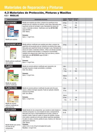 Materiales de Reparación y Pinturas
4.3 Materiales de Protección, Pinturas y Masillas
4.3.1 MASILLAS
     PRODUCTO/REFERENCIA                                DESCRIPCIÓN-APLICACIÓN                             TAMAÑO UNIDADES UNIDADES
                                                                                                           UNIDAD  /CAJA    /E.-PAL.

 STUCCOCRET                      Masilla para espátula para alisar y preparar las superficies de las       20 kg               54
 0326/6                          paredes para ser cubiertas con pinturas u otras capas. Adecuados para
                                                                                                           10 kg              108
                                 superficies hechas de hormigón o yeso. Reemplaza los estucos de
                                 aceite o materiales similares. Clasificado como tipo GP CS II W0            4 kg     4       160
                                 según AN 998-1.
                                 Color: Blanco.

                                 Consumo:
                                 Aprox. 1,1 kg/m2/mm.
 Masilla para espátula


 STUCCOCRET-PLUS                 Masilla polímero modificado para espátula para alisar y preparar las      20 kg               54
 0371/6                          superficies de las paredes para ser cubiertas con pinturas otras capas.
                                 Adecuados para superficies hechas de hormigón o yeso. Reemplaza los
                                 estucos de aceite o materiales similares. Ofrece una elevada suavidad,
                                 dureza y superficie final duradera. La molienda es recomendada
                                 mediante una máquina para moler arena, Para uso interno y externo.
                                 Clasificado como GP CS III W1 según EN 998-1.
                                 Color: Blanco.

 Masilla polímero modificado     Consumo:
 para espátula                   Aprox. 1,1 kg/m2/mm.

 PLANFIX                         Masilla de cemento polímero modificado para reparación y de                Gris
 0308/1                          hormigón expuesto, arreglar porosidades y cavidades.
                                                                                                           25 kg               54
                                 Color: Gris, blanco.
                                                                                                            5 kg      4       160
                                 Consumo:
                                 Aprox. 1,3 kg/m2/mm.                                                      blanco
                                                                                                           25 kg               54


 Masilla de cemento
 polímero modificado

 PLANFIX-FINE                    Masilla de cemento polímero modificado de grado extra fino para           Gris
 0308/1                          reparar y rellenar hormigón expuesto. Puede ser aplicado mediante         25 kg               54
                                 maquina de gunitado.
                                 Color: Gris, blanco.
                                                                                                           blanco
                                 Consumo:                                                                  25 kg               54
                                 Aprox. 1,3 kg/m2/mm.
                                                                                                            5 kg      4       160

 Masilla de cemento
 polímero modificado de
 grado extra fino

 FLEX-COVER                      Masilla flexible de dos componentes que consiste en polvo basado en       2,6 kg              96
 0222/6                          cemento (compuesto A) y una emulsión de resina (componente B).            (A+B)
                                 Adecuado para cierre e impermeabilización de juntas y grietas en
                                 paredes y suelos. Puede ser usado en recesos de ventanas, uniones
                                 entre suelos y paredes así como para rellenar superficies agrietadas.
                                 Se aplica en yesos, cemento, paneles de yeso, maderas, etc. Ideal para
                                 aplicaciones exteriores.
                                 Color: Blanco.
 Masilla flexible para cierres   Consumo:
 de juntas de dos                Junta 5 mm x 5 mm: 40 g/m de longitud de la junta
 componentes                     Masillado: 1,6 kg/m2/mm.

46
 