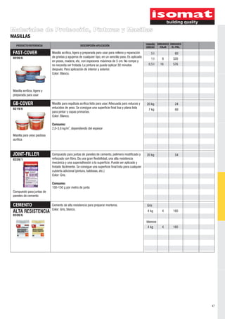 Materiales de Protección, Pinturas y Masillas
MASILLAS
   PRODUCTO/REFERENCIA                               DESCRIPCIÓN-APLICACIÓN                               TAMAÑO UNIDADES UNIDADES
                                                                                                          UNIDAD  /CAJA    /E.-PAL.

 FAST-COVER                   Masilla acrílica, ligera y preparada para usar para relleno y reparación        5l              60
 0220/6                       de grietas y agujeros de cualquier tipo, en un sencillo paso. Es aplicado
                                                                                                              1l     8       320
                              en yesos, madera, etc. con espesores máximos de 5 cm. No rompe y
                              no necesita ser frotada. La pintura se puede aplicar 30 minutos               0,5 l   16       576
                              después. Para aplicación de interior y exterior.
                              Color: Blanco.




 Masilla acrílica, ligera y
 preparada para usar

 GB-COVER                     Masilla para espátula acrílica lista para usar. Adecuada para estucos y     20 kg               24
 0219/6                       enlucidos de yeso. Se consigue una superficie final lisa y plana lista
                                                                                                            7 kg              60
                              para pintar y capas primarias.
                              Color: Blanco.

                              Consumo:
                              2,0-3,0 kg/m2, dependiendo del espesor

 Masilla para yeso pastosa
 acrílica



JOINT-FILLER                  Compuesto para juntas de paneles de cemento, polímero modificado y          20 kg               54
 0339/1                       reforzado con fibra. Da una gran flexibilidad, una alta resistencia
                              mecánica y una superadhesión a la superficie. Puede ser aplicado y
                              frotado fácilmente. Se consigue una superficie final lista para cualquier
                              cubierta adicional (pintura, baldosas, etc.)
                              Color: Gris.

                              Consumo:
                              100-150 g por metro de junta
 Compuesto para juntas de
 paneles de cemento

 CEMENTO                      Cemento de alta resistencia para preparar morteros.                          Gris
                              Color: Gris, blanco.
 ALTA RESISTENCIA                                                                                          4 kg      4       160
 0330/6

                                                                                                          blancos
                                                                                                           4 kg      4       160




                                                                                                                                      47
 