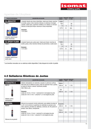 Agentes de Limpieza
    PRODUCTO/REFERENCIA                            DESCRIPCIÓN-APLICACIÓN                                TAMAÑO UNIDADES UNIDADES
                                                                                                         UNIDAD  /CAJA    /E.-PAL.

 CL-INDUSTRY                 Limpiador líquido para áreas industriales. Usado para limpiar manchas       *1000 l
 1402/1                      de aceites, grasa y otras manchas intensas en cerámicas, hormigón,
                                                                                                           *20 l             39
                             paredes, suelos epoxi, superficies metálicas, etc. Debido a su fórmula
                             efectiva es ideal para limpiar manchas en áreas industriales.                   5l        4     72
                                                                                                          0,75 l       12   324
                             Consumo:
                             1 l/15-20m2.



 Limpiador especial para
 suelos industriales

 CL-EPOXY FLOOR              Limpiador líquido para suelos epoxi. Usado para limpiar manchas de          *1000 l
 1402/1                      aceites, grasa y otras manchas intensas de pavimentos y suelos epoxi.         *20 l             39
                             Consumo:
                                                                                                             5l        4     72
                             1 l/15-20m2.                                                                 0,75 l       12   324




 Limpiador especial para
 suelos epoxi.


* Los tamaños marcados con un asterisco están disponibles 3 días después de recibir el pedido




4.5 Selladores Elásticos de Juntas
    PRODUCTO/REFERENCIA                            DESCRIPCIÓN-APLICACIÓN                                TAMAÑO UNIDADES UNIDADES
                                                                                                         UNIDAD  /CAJA    /E.-PAL.

 ISOMASTIC-A                 Sellador elastoplástico sin solventes y basado en polímeros acrílicos.       Blanco
  0601/6                     Adecuado para el sellado de juntas, juntas de expansión finas o grietas
                                                                                                         280 ml        25   1.125
                             en yesos en interior y exterior. Fácilmente pintable.
                             Color: Blanco, gris.
                                                                                                          Gris
                             Consumo:                                                                    280 ml        25   1.125
                             Juntas de 10 mm x 10 mm: 1 cartucho/2,8 m de longitud de junta
                             Juntas de 5 mm x 5 mm: 1 cartucho/11,2 m de longitud de junta

  Sellador acrílico
  elastoplástico

 DOMOSIL                     Silicona de uso general, de alto rendimiento, para sellado de juntas de    Transparente
  0623/6                     3 a 40 mm de ancho en superficies de materiales no porosos como
                                                                                                         280 ml        25   1.125
                             vidrio, aluminio, porcelana (ej. baldosas), cerámicas, etc. No puede ser
                             pintado. Color, Blanco, transparente .
                                                                                                          Blanco
                             Consumo:                                                                    280 ml        25   1.125
                             Juntas de 10 mm x 10 mm: 1 cartucho/3 m de longitud de junta
                             Juntas de 5 mm x 5 mm: 1 cartucho/12 m de longitud de junta


  Silicona de uso general


                                                                                                                                     55
 