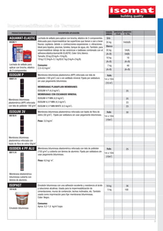 Impermeabilizantes de Terrazas
   PRODUCTO/REFERENCIA                                    DESCRIPCIÓN-APLICACIÓN                               TAMAÑO UNIDADES UNIDADES
                                                                                                               UNIDAD  /CAJA    /E.-PAL.

AQUAMAT-ELASTIC                    Lechada de sellado para aplicar con brocha, elástico de 2-componentes.        Gris
0338/1                             Adecuada para impermeabilizar las superficies que tienen o van a tener       35 kg           54(A)(B)
                                   fisuras capilares debido a contracciones-expansiones o vibraciones..
                                   Ideal para tejados, piscinas, túneles, tanque de agua, etc. También, para    Blanco
                                   impermeabilizar debajo de las cerámicas o baldosas combinado con el          35 kg            54(A)
                                   adhesivo elástico Isomat AK-ELASTIC. Color: Gris, blanco.                    (A+B)            54(B)
                                   Tamaño: 35 kg (25 kg A+10 kg B),
                                                                                                                18 kg              18
                                   18 kg (12,9 kg A+5,1 kg B) & 7 kg (5 kg A+2 kg B).
                                                                                                                (A+B)            (A+B)
Lechada de sellado para            Consumo:                                                                      7 kg              48
aplicar con brocha, elástico       2,0-4,0 kg/m2.
de 2-componentes                                                                                                (A+B)            (A+B)

ISOGUM P                           Membrana bituminosa plastomιrica (APP) reforzada con tela de                  Rollo
0801/4                             poliester (180 g/m2) con o sin astillado mineral. Fijada por soldadura      1m x 10m
                                   sin usar pegamento bituminoso.
                                                                                                                (10 m2)
                                   MEMBRANAS PLANAPLAIN MEMBRANES
                                   ISOGUM 4 P (4,0 kg/m2).                                                                         25
                                   MEMBRANAS CON ESCAMADO MINERAL
                               ISOGUM 4 P MIN (4,0 kg/m2).                                                                         25
Membrana bituminosa                                       2
plastomérica (APP) reforzada ISOGUM 4,5 P MIN (4,5 kg/m ).                                                                         23
                             2
con tela de poliéster 180 g/m ISOGUM 4,5 P MIN WHITE (4,5 kg/m2).                                                                  23

ISOGUM 3V                          Membrana bituminosa plastomérica reforzada con tejido de fibra de             Rollo             30
0810/4                             vidrio (50 g/m2). Fijado por soldadura sin usar pegamento bituminoso.       1m x 10m
                                   Peso: 3,0 kg/m2.                                                             (10m2)




Membrana bituminosa
plastomérica reforzada con
                               2
tejido de fibra de vidrio 50g/m

ISODIEN 4 PF ALU                   Membrana bituminosa elastomérica reforzada con tela de poliéster              Rollo             25
0811/4                             (150 g/m2) y cubierta con lámina de aluminio. Fijada por soldadura sin
                                                                                                               1m x 10m
                                   usar pegamento bituminoso.
                                                                                                                (10m2)
                                   Peso: 4,0 kg/ m2.




Membrana elastomérica
bituminosa cubierta con
lámina de aluminio.

ISOPAST                            Emulsión bituminosa con una adhesión excelente y resistencia al ácido        19 kg              36
1014/6                             y soluciones alcalinas. Usada para la impermeabilización de                   5 kg            100
                                   cimentaciones, muros de contención, techos inclinados, etc. También
                                   usada como imprimación para fijar membranas bituminosas.
                                   Color: Negro.

                                   Consumo:
                                   Aprox. 0,2-1,0 kg/m2/capa
Emulsión bituminosa




                                                                                                                                           7
 