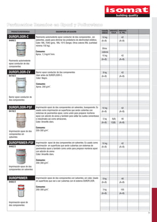 Pavimentos Basados en Epoxi y Poliuretano
  PRODUCTO/REFERENCIA                              DESCRIPCIÓN-APLICACIÓN                            TAMAÑO UNIDADES UNIDADES
                                                                                                     UNIDAD  /CAJA    /E.-PAL.

DUROFLOOR-C                 Pavimento autonivelente epoxi conductor de dos componentes , sin          10 kg              42
0409/2                      solventes, usado para eliminar los probelams de electricidad estática.   (A+B)             (A+B)
                            Color: RAL 7040 (gris), RAL 1015 (beige). Otros colores RAL (cantidad
                            mínima 150 kg).
                                                                                                     Otros
                            Consumo:                                                                 colores
                            Aprox. 1,5 kg/m2/mm.
                                                                                                     10 kg              42
                                                                                                     (A+B)             (A+B)
Pavimento autonivelente
epoxi conductor de dos
componentes

DUROFLOOR-CV                Barniz epoxi conductor de dos componentes                                 8 kg              42
0410/2                      Usar antes de DUROFLOOR-C.                                               (A+B)             (A+B)
                            Color: Negro.

                            Consumo:
                            Aprox. 200 g/m2.



Barniz epoxi conductor de
dos componentes


DUROFLOOR-PSF               Imprimación epoxi de dos componentes sin solventes, transparente. Es      10 kg              42
0419/2                      usado como imprimación en superficies que serán cubiertas con            (A+B)             (A+B)
                            sistemas de pavimentos epoxi, como unión para preparar morteros
                            epoxi con adición de arena y también para sellar los suelos cementosos
                            e industriales así como almacenes.                                        5 kg      6(A)    48
                            Color: Amarillo claro.                                                   (A+B)     12(B)   (A+B)

                            Consumo:
Imprimación epoxi de dos    200-300 g/m2.
componentes sin
solventes

DUROPRIMER-PSF              Imprimación epoxi de dos componentes sin solventes. Es usado como         10 kg              42
0402/2                      imprimación en superficies que serán cubiertas con sistemas de
                                                                                                     (A+B)             (A+B)
                            pavimentos epoxi y también como unión para preparar morteros epoxi
                            con adición de arena
                            Color: Amarillo claro.

                            Consumo:
                            200-300 g/m2.
Imprimación epoxi de dos
componentes sin solventes


DUROPRIMER                  Imprimación epoxi de dos componentes con solventes, sin color. Usado      9 kg               48
0402/2                      en superficies que van a ser cubiertas con el sistema DUROFLOOR.
                                                                                                     (A+B)             (A+B)
                            Consumo:
                            200-300 g/m2.                                                             3 kg              105
                                                                                                     (A+B)             (A+B)


Imprimación epoxi de
dos componentes


                                                                                                                                 71
 