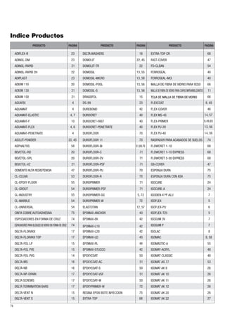 Indice Productos
                       PRODUCTO                             PAGINA                 PRODUCTO        PAGINA                      PRODUCTO                              PAGINA

     ADIFLEX-B                                                23     DELTA WASHERS                   18       EXTRA-TOP CR                                             68
     ADINOL-DM                                                23     DOMOLIT                       22, 45     FAST-COVER                                               47
     ADINOL-RAPID                                             21     DOMOLIT-TR                      22       FD-CLEAN                                                 54
     ADINOL-RAPID 2H                                          22     DOMOSIL                       13, 55     FERROSEAL                                                40
     ADIPLAST                                                 23     DOMOSIL-MICRO                 13, 56     FERROSEAL-MCI                                            40
     ADIUM 110                                                20     DOMOSIL-POOL                  13, 56     MALLA DE FIBRA DE VIDRIO PARA YESO                       66
     ADIUM 130                                                21     DOMOSIL-S                     13, 56     MALLA DE FIBRA DE VIDRIO PARA CAPAS IMPEARBILIZANTES     11
     ADIUM 150                                                21     DRAGOFOL                        15       TELA DE MALLA DE FIBRA DE VIDRIO                         66
     AQUAFIX                                                  4      DS-99                           23       FLEXCOAT                                                8, 48
     AQUAMAT                                                  4      DUREBOND                        42       FLEX-COVER                                               46
     AQUAMAT-ELASTIC                                         4, 7    DUROCRET                        40       FLEX MS-45                                             14, 57
     AQUAMAT-F                                                10     DUROCRET-FAST                   40       FLEX-PRIMER                                            9,49,65
     AQUAMAT-FLEX                                            4, 6    DUROCRET-PENETRATE              40       FLEX PU-20                                             13, 56
     AQUAMAT-PENETRATE                                        4      DUROFLOOR                       70       FLEX PU-40                                             14, 56

     ASOLIT-POWDER                                          22, 45   DUROFLOOR 11                    70       RASPADOR PARA ACABADOS DE SUELOS                         74
     ASPHALTOS                                                58     DUROFLOOR-BI                  51,69,70   FLOWCRET 1-10                                            68
     BEVETOL-RD                                               20     DUROFLOOR-C                      71      FLOWCRET 1-10 EXPRESS                                    68
     BEVETOL-SPL                                              20     DUROFLOOR-CV                     71      FLOWCRET 3-30 EXPRESS                                    68
     BEVETOL-VZ                                               21     DUROFLOOR-PSF                    71      GB-COVER                                                 47
     CEMENTO ALTA RESISTENCIA                                 47     DUROFLOOR-PU                    70       ESPONJA DURA                                             75
     CL-CLEAN                                                 53     DUROFLOOR-R                     70       ESPONJA DURA CON ASA                                     75
     CL-EPOXY FLOOR                                           55     DUROPRIMER                       71      ISOCURE                                                  24
     CL-GROUT                                                 54     DUROPRIMER-PSF                   71      ISOCURE-A                                                24
     CL-INDUSTRY                                              55     DUROPRIMER-SG                  5, 72     ISODIEN 4 PF ALU                                          7
     CL-MARBLE                                                54     DUROPRIMER-W                    72       ISOFLEX                                                   5
     CL-UNIVERSAL                                             54     ELASTOTAN                     12, 57     ISOFLEX-PU                                                6
     CINTA COBRE AUTOADHESIVA                                 75     EPOMAX-ANCHOR                   43       ISOFLEX-T25                                               5
     ESPECIADORES EN FORMA DE CRUZ                            74     EPOMAX-EK                       42       ISOGUM 3V                                                 7
     ESPACIADORES PARA BLOQUES DE VIDRIO EN FORMA DE CRUZ     74     EPOMAX-L10                      42       ISOGUM P                                                  7
     DELTA-FLORAXX                                            17     EPOMAX-L20                      42       ISOLAC                                                    8
     DELTA-FLORAXX TOP                                        17     EPOMAX-LD                       43       ISOMAC                                                  8, 58
     DELTA-FOL LP                                             15     EPOMAX-PL                       44       ISOMASTIC-A                                              55
     DELTA-FOL PVE                                            15     EPOMAX-STUCCO                   42       ISOMAT-ACRYL                                             48
     DELTA-FOL PVG                                            14     EPOXYCOAT                       50       ISOMAT-CLASSIC                                           48
     DELTA-MS                                                 16     EPOXYCOAT-AC                     51      ISOMAT AG 77                                             53
     DELTA-NB                                                 16     EPOXYCOAT-S                     50       ISOMAT AK 9                                              26
     DELTA-NP-DRAIN                                           17     EPOXYCOAT-VSF                    51      ISOMAT AK 10                                             26
     DELTA SCREWS                                             17     EPOXYCOAT-W                     50       ISOMAT AK 11                                             26
     DELTA TERMINATION BARS                                   17     EPOXYPRIMER-W                   72       ISOMAT AK 12                                             26
     DELTA-VENT N                                             15     RESINA EPOXI BOTE INYECCION     75       ISOMAT AK 20                                             26
     DELTA-VENT S                                             15     EXTRA-TOP                       68       ISOMAT AK 22                                             27

76
 