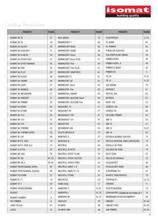 Indice Productos
                PRODUCTO       PAGINA                  PRODUCTO    PAGINA                 PRODUCTO                 PAGINA

 ISOMAT AK 25                    27     M32 ARENA                    75     PLASTIPROOF                            5, 20
 ISOMAT AK 50                    29     MARMOCRET 1                  60     PL-BOND                                  65
 ISOMAT AK-BLOCK                 36     MARMOCRET-BASE               60     PL-PRIMER                                65
 ISOMAT AK-ECOLIGHT              27     MARMOCRET-BOND               60     FUNDA DE PLASTICO                        43
 ISOMAT AK-ELASTIC               28     MARMOCRET Decor              60     POLYPROPYLENE FIBRAS                     24
 ISOMAT AK-EPOXY FAST            37     MARMOCRET Decor PLUS         61     PRIMER ACRYL                             49
 ISOMAT AK-EPOXY NORMAL          36     MARMOCRET Fine               60     PRIMER ACRYL-S                           49
 ISOMAT AK-FIRE                  36     MARMOCRET Fine PLUS          61     PRIMER CLASSIC                           49
 ISOMAT AK-FLUX                  29     MARMOCRET GRAFFIATO          61     PRIMER PU                                6
 ISOMAT AK-GLASS                 36     MARMOCRET-S                  61     PS-20                                  9, 52
 ISOMAT AK-GRAND                 28     MARMOCRET-SP                 61     PS-21                                  9, 52
 ISOMAT AK-LIGHT                 27     MARMOCRYL Decor              63     Q35 ARENA                                75
 ISOMAT AK-MARBLE                28     MARMOCRYL Fine               63     RAPICRET                                 41
 ISOMAT AK-MEGARAPID             27     MARMOCRYL GRANIT             63     REOTOL-SPL                               20
 ISOMAT AK-PARQUET               37     MARMOCRYL SILICONE Decor     64     RETADOL                                  21
 ISOMAT AK-PRIMER                29     MARMOCRYL SILICONE Fine      64     ROOF-TOP                                 16
 ISOMAT AK-RAPID                 28     MEGACRET-10                  41     SCREED-100                               69
 ISOMAT AK-STONE                 28     MEGACRET-40                  41     SCREED-SX                                69
 ISOMAT AK-T33                   35     MEGAGROUT-100                41     SILICONE-PRIMER                          65
 ISOMAT AK-T35                   35     MEGAGROUT-101                41     SM-12                                    53
 ISOMAT AK-T55                   35     MEGAPLATE                    44     SM-14                                    51
 ISOMAT AK-THERMO                35     MEGAWRAP-200                 44     SM-16                                  6, 54
 ISOMAT AK-THERMO ACRYL          35     PALETA METALICA              75     SM-18                                    50
 ISOMAT BI-100                   69     MONTAGE-S                    37     ESPONJA BLANDA CON ASA                   75
 ISOMAT BUTYL TAPE               12     MONTAGE-W                    37     PISTOLA ESPECIAL PARA CARTUCHOS          75
 ISOMAT BUTYL TAPE ALU           16     MULTIFILL                    30     RODILLO DE PÚAS                          74
 ISOMAT GLITTER                  34     MULTIFILL-ELASTIC            33     CALZADO DE PÚAS                          74
 ISOMAT MT-200                   36     MULTIFILL-EPOXY FLOW         34     SPLIT-2000                               24
 ISOMAT MT-80                  44, 62   MULTIFILL-EPOXY GLITTER      34     PALETA DE ESPONJA                        75
 ISOMAT MT-80 S                45, 62   MULTIFILL-EPOXY THIXO        34     STUCCOCRET                               46
 ISOMAT PROFESSIONAL ACRYL       48     MULTIFILL RAPID 1-8          31     STUCCOCRET-HARD                          46
 ISOMAT PROFESSIONAL CLASSIC     48     MULTIFILL SMALTO 1-8         32     SUPERBOND-PU                             37
 ISOMAT PU-FOAM                  57     MULTIFILL STONE              33     AGENTE THIXOTROPICO                      74
 ISOMAT SL 17                    10     MULTIFLEX                    29     TIXOPHALTE                             12, 57
 ISOMAT ST-1                     62     NANO-SEAL                    9      TREVIRA                                  11
 ISOMAT HYDROCHROMA              49     NANOPRO-C                  9, 52    PALETA DENTADA                           74
 ISOPAST                         7      NANOPRO-L                  10, 52   ESPACIADORES CERÁMICAS EN FORMA DE T     74

 ISOPAST-RUBBER                  8      NANOPRO-M                  10, 52   MEMBRANA DESACOPLAMIENTO                 38
 ISO-PRIMER                      6      NOZZLES                      43     UNICRET                                45, 62
 JOINT-FILLER                    47     PLANFIX                      46     UNICRET-FAST                           45, 62
 LATEX                           23     PLANFIX-FINE                 46     UNI-PRIMER                             29, 65

                                                                                                                           77
 