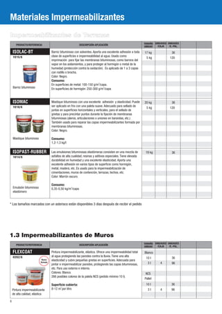 Materiales Impermeabilizantes
Impermeabilizantes de Terrazas
      PRODUCTO/REFERENCIA                                  DESCRIPCIÓN-APLICACIÓN                             TAMAÑO UNIDADES UNIDADES
                                                                                                              UNIDAD  /CAJA    /E.-PAL.

    ISOLAC-BT                       Barniz bituminoso con solventes. Aporta una excelente adhesión a toda     17 kg              36
    1015/6                          clase de superficies e impermeabilidad al agua. Usado como
                                                                                                               5 kg             120
                                    imprimación para fijar las membranas bituminosas, como barrera del
                                    vapor en los aislamientos, y para proteger al hormigón o metal de la
                                    humedad (protección contra la oxidación) . Es aplicado de 1 a 3 capas
                                    con rodillo o brocha.
                                    Color: Negro.
                                    Consumo:
                                    En superficies de metal: 100-150 g/m2/capa.
    Barniz bituminoso               En superficies de hormigón: 250-300 g/m2/capa



    ISOMAC                          Mastique bituminoso con una excelente adhesión y elasticidad. Puede       20 kg              36
    1018/6                          ser aplicado en frio con una paleta suave. Adecuado para sellado de
                                                                                                               5 kg             120
                                    juntas en superficies horizontales y verticales, para el sellado de
                                    grietas y para precintar puntos durante la fijación de membranas
                                    bituminosas (aleros, articulaciones o uniones en barandas, etc.)
                                    También usado para reparar las capas impermeabilizantes formada por
                                    membranas bituminosas.
                                    Color: Negro.

    Mastique bituminoso             Consumo:
                                    1,2-1,3 kg/l

    ISOPAST-RUBBER                  Las emulsiones bituminosas elastómeras consisten en una mezcla de          19 kg             36
    1014/6                          asfaltos de alta cualidad, resinas y aditivos especiales. Tiene elevada
                                    durabilidad en humedad y una excelente elasticidad. Aporta una
                                    excelente adhesión en varios tipos de superficie como hormigón,
                                    metal, madera, etc. Es usado para la impermeabilización de
                                    cimentaciones, muros de contención, terrazas, techos, etc.
                                    Color: Marrón oscuro.

                                    Consumo:
    Emulsión bituminoso             0,35-0,50 kg/m2/capa
    elastómero


* Los tamaños marcados con un asterisco están disponibles 3 días después de recibir el pedido




1.3 Impermeabilizantes de Muros
      PRODUCTO/REFERENCIA                                  DESCRIPCIÓN-APLICACIÓN                             TAMAÑO UNIDADES UNIDADES
                                                                                                              UNIDAD  /CAJA    /E.-PAL.

    FLEXCOAT                        Pintura impermeabilizante, elástica. Ofrece una impermeabilidad total     Blanco
    0202/6                          al agua protegiendo las paredes contra la lluvia. Tiene una alta
                           Íueva
                                                                                                               10 l              36
                                    elasticidad y cubre pequeñas grietas en superficies. Adecuada para
                          fórmula                                                                               3l       4
                                    pintar e impermeabilizar paredes, protegiendo las capas bituminosas,                         96
                                    etc. Para uso externo e interno.
                                    Colores: Blanco.                                                           NCS
                                    266 posibles colores de la paleta NCS (pedido mínimo 10 l).
                                                                                                              Pallet
                                    Superficie cubierta:                                                       10 l              36
    Pintura impermeabilizante       8-12 m2 por litro                                                           3l       4       96
    de alta calidad, elástica

8
 