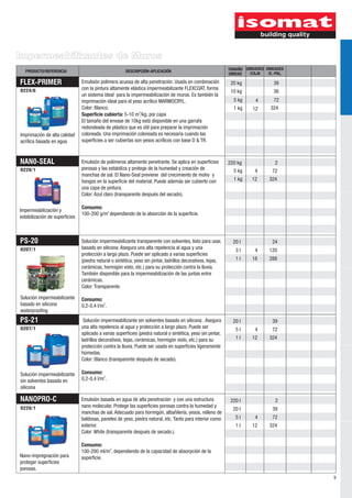 Impermeabilizantes de Muros
   PRODUCTO/REFERENCIA                                 DESCRIPCIÓN-APLICACIÓN                                 TAMAÑO UNIDADES UNIDADES
                                                                                                              UNIDAD  /CAJA    /E.-PAL.

FLEX-PRIMER                     Emulsión polímera acuosa de alta penetración. Usada en combinación             20 kg              39
0224/6                          con la pintura altamente elástica impermeabilizante FLEXCOAT, forma
                                                                                                               10 kg              36
                                un sistema ideal para la impermeabilización de muros. Es también la
                                imprimación ideal para el yeso acrílico MARMOCRYL.                              5 kg      4       72
                                Color: Blanco.                                                                  1 kg     12      324
                                Superficie cubierta: 5-10 m2/kg, por capa
                                El tamaño del envase de 10kg está disponible en una garrafa
                                redondeada de plástico que es útil para preparar la imprimación
Imprimación de alta calidad     coloreada. Una imprimación coloreada es necesaria cuando las
acrílica basada en agua         superficies a ser cubiertas son yesos acrílicos con base D & TR.



NAN0-SEAL                       Emulsión de polímeros altamente penetrante. Se aplica en superficies          220 kg               2
0228/1                          porosas y las estabiliza y protege de la humedad y creación de                  5 kg      4      72
                                manchas de sal. El Nano-Seal previene del crecimiento de moho y
                                hongos en la superficie del material. Puede además ser cubierto con             1 kg    12      324
                                una capa de pintura.
                                Color: Azul claro (transparente después del secado).

                                Consumo:
Impermeabilización y
                                100-200 g/m2 dependiendo de la absorción de la superficie.
estabilización de superficies



PS-20                           Solución impermeabilizante transparente con solventes, listo para usar,         20 l             24
0207/1                          basado en silicona. Asegura una alta repelencia al agua y una                    3l       4     120
                                protección a largo plazo. Puede ser aplicado a varias superficies
                                (piedra natural o sintética, yeso sin pintar, ladrillos decorativos, tejas,      1l     18      288
                                cerámicas, hormigón visto, etc.) para su protección contra la lluvia.
                                También disponible para la impermeabilización de las juntas entre
                                cerámicas.
                                Color: Transparente.

Solución impermeabilizante      Consumo:
basado en silicona              0,2-0,4 l/m2.
waterproofing
PS-21                            Solución impermeabilizante sin solventes basado en silicona . Asegura          20 l             39
0207/1                          una alta repelencia al agua y protección a largo plazo. Puede ser                5l       4      72
                                aplicado a varias superficies (piedra natural o sintética, yeso sin pintar,
                                ladrillos decorativos, tejas, cerámicas, hormigón visto, etc.) para su           1l     12      324
                                protección contra la lluvia. Puede ser usado en superficies ligeramente
                                húmedas.
                                Color: Blanco (transparente después de secado).

Solución impermeabilizante      Consumo:
sin solventes basada en         0,2-0,4 l/m2.
silicona

NANOPRO-C                       Emulsión basada en agua de alta penetración y con una estructura               220 l               2
0228/1                          nano molecular. Protege las superficies porosas contra la humedad y
                                                                                                                20 l             39
                                manchas de sal. Adecuado para hormigón, albañilería, yesos, relleno de
                                baldosas, paneles de yeso, piedra natural, etc. Tanto para interior como         5l       4      72
                                exterior.                                                                        1l     12      324
                                Color: White (transparente después de secado.).

                                Consumo:
                                100-200 ml/m2, dependiendo de la capacidad de absorpción de la
Nano-impregnación para          superficie.
proteger superficies
porosas.
                                                                                                                                          9
 