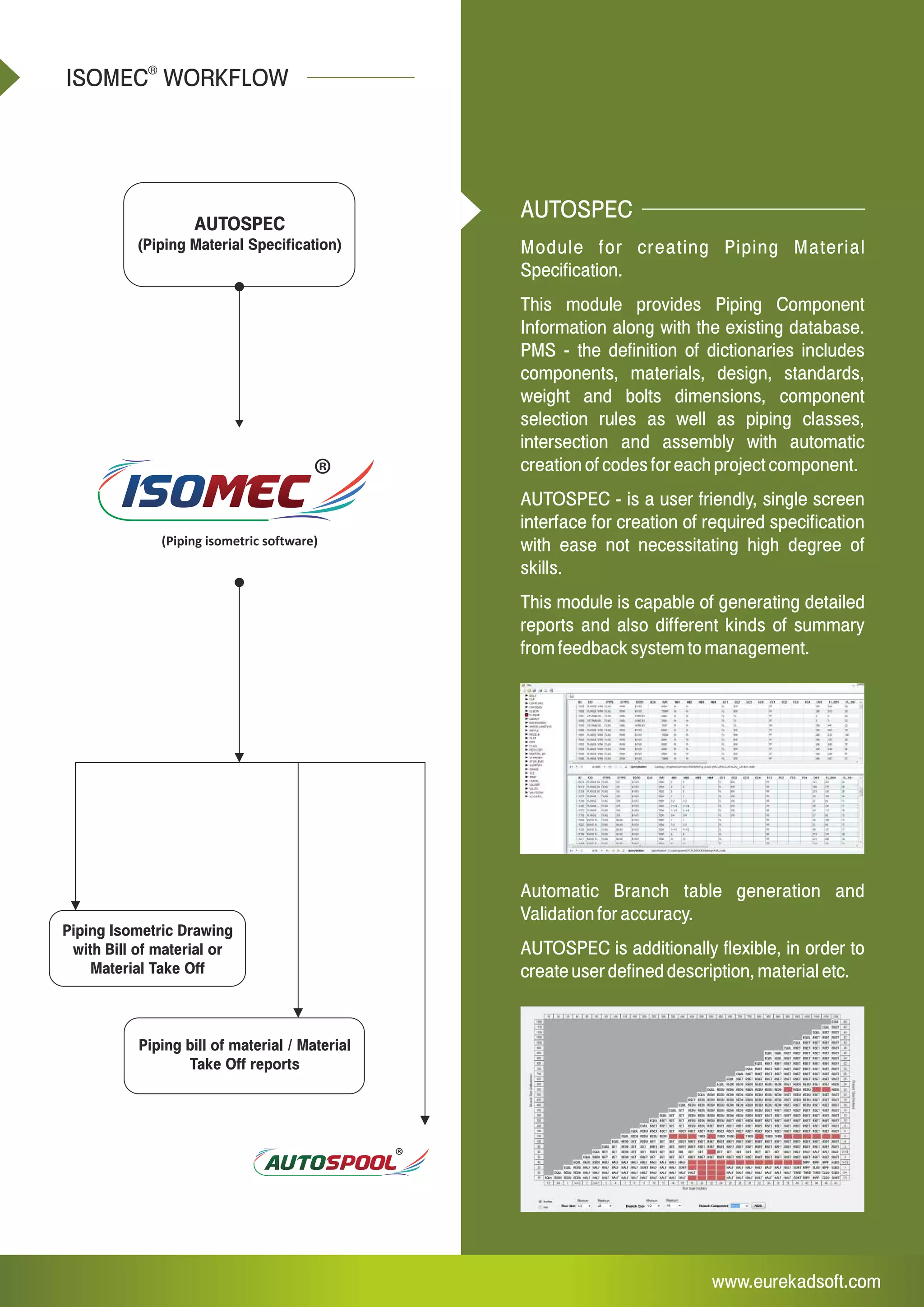 AUTOSPEC
(Piping Material Specification)
(Piping isometric software)
Piping bill of material / Material
Take Off reports
Piping Isometric Drawing
with Bill of material or
Material Take Off
ISOMEC WORKFLOW
®
AUTOAUTOSPOOLSPOOL
ISOISOMECMEC
www.eurekadsoft.com
AUTOSPEC
Module for creating Piping Material
Specification.
This module provides Piping Component
Information along with the existing database.
PMS - the definition of dictionaries includes
components, materials, design, standards,
weight and bolts dimensions, component
selection rules as well as piping classes,
intersection and assembly with automatic
creation of codes for each project component.
AUTOSPEC - is a user friendly, single screen
interface for creation of required specification
with ease not necessitating high degree of
skills.
This module is capable of generating detailed
reports and also different kinds of summary
from feedback system to management.
Automatic Branch table generation and
Validation for accuracy.
AUTOSPEC is additionally flexible, in order to
create user defined description, material etc.
 