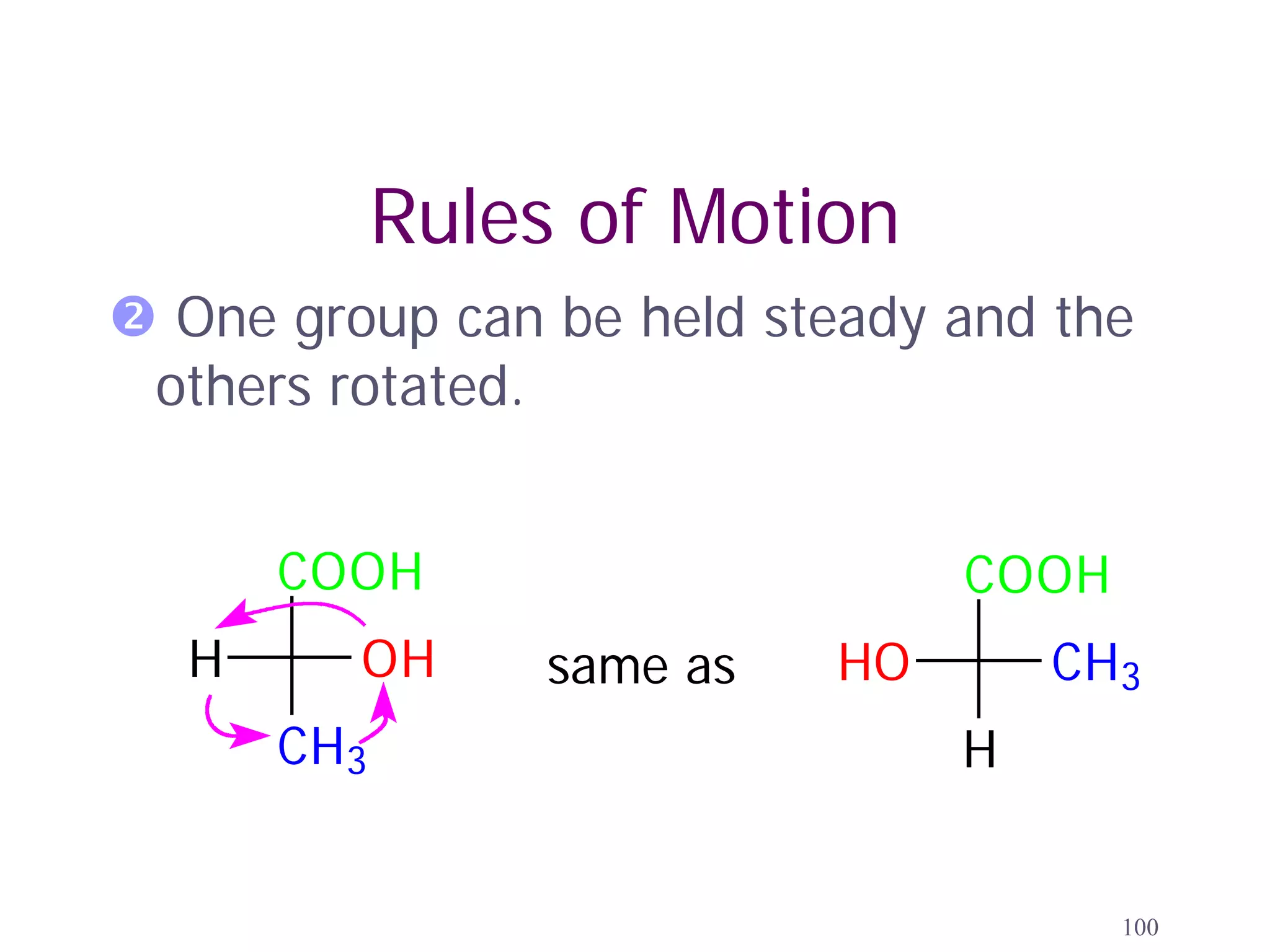 Rules of Motion
 One group can be held steady and the
 others rotated.


      COOH                      COOH
  H      OH      same as   HO       CH3
      CH3                       H


                                       100
 