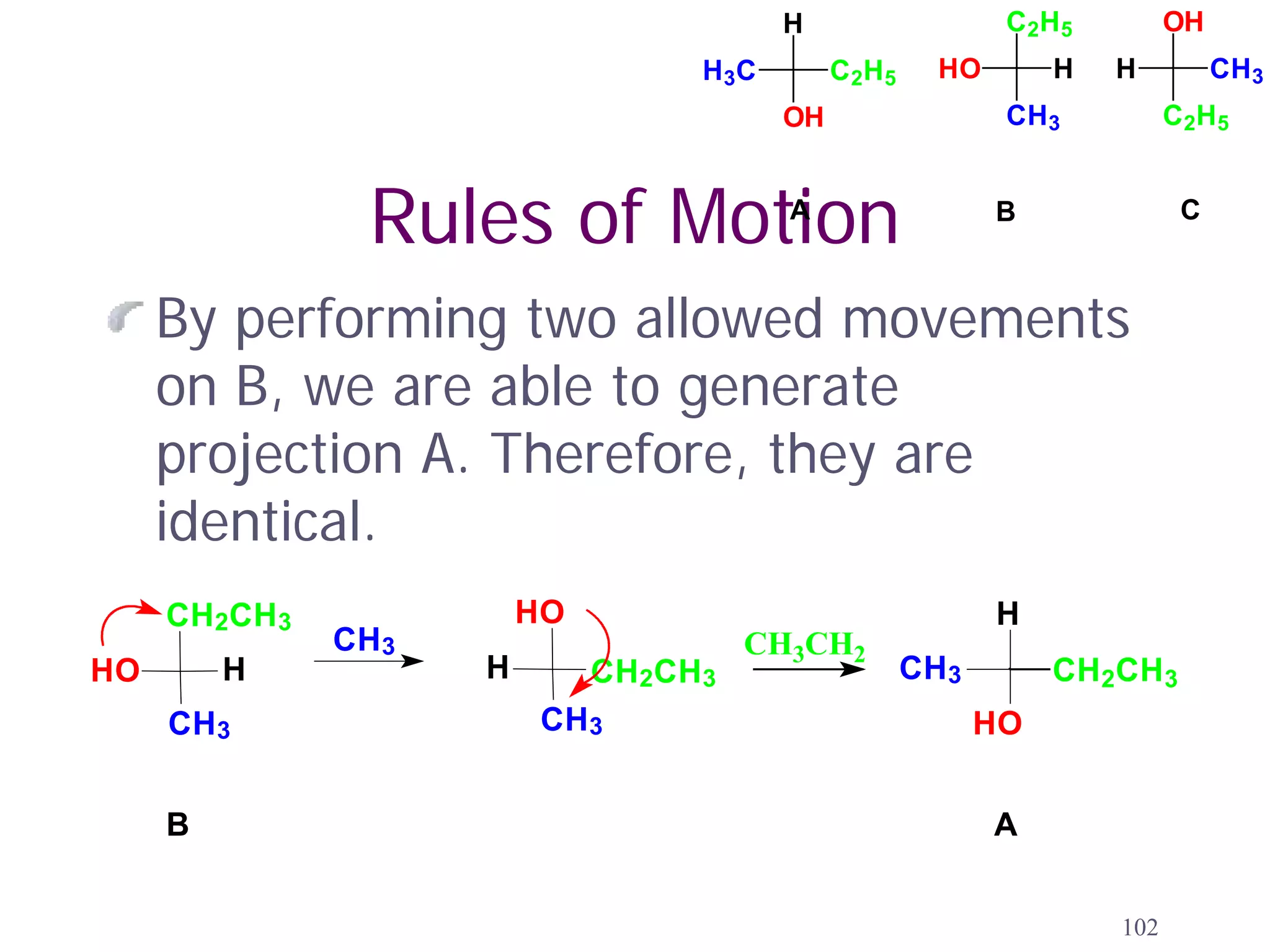 H                    C 2H 5         OH
                                  H 3C        C 2H 5    HO        H    H          CH3
                                         OH                   CH3            C 2H 5



               Rules of Motion           A                   B                C



     By performing two allowed movements
     on B, we are able to generate
     projection A. Therefore, they are
     identical.
     CH2CH3             HO                                   H
              CH3                     CH3CH2
HO       H          H        CH2CH3                    CH3        CH2CH3
     CH3                 CH3                                 HO


     B                                                       A


                                                                       102
 